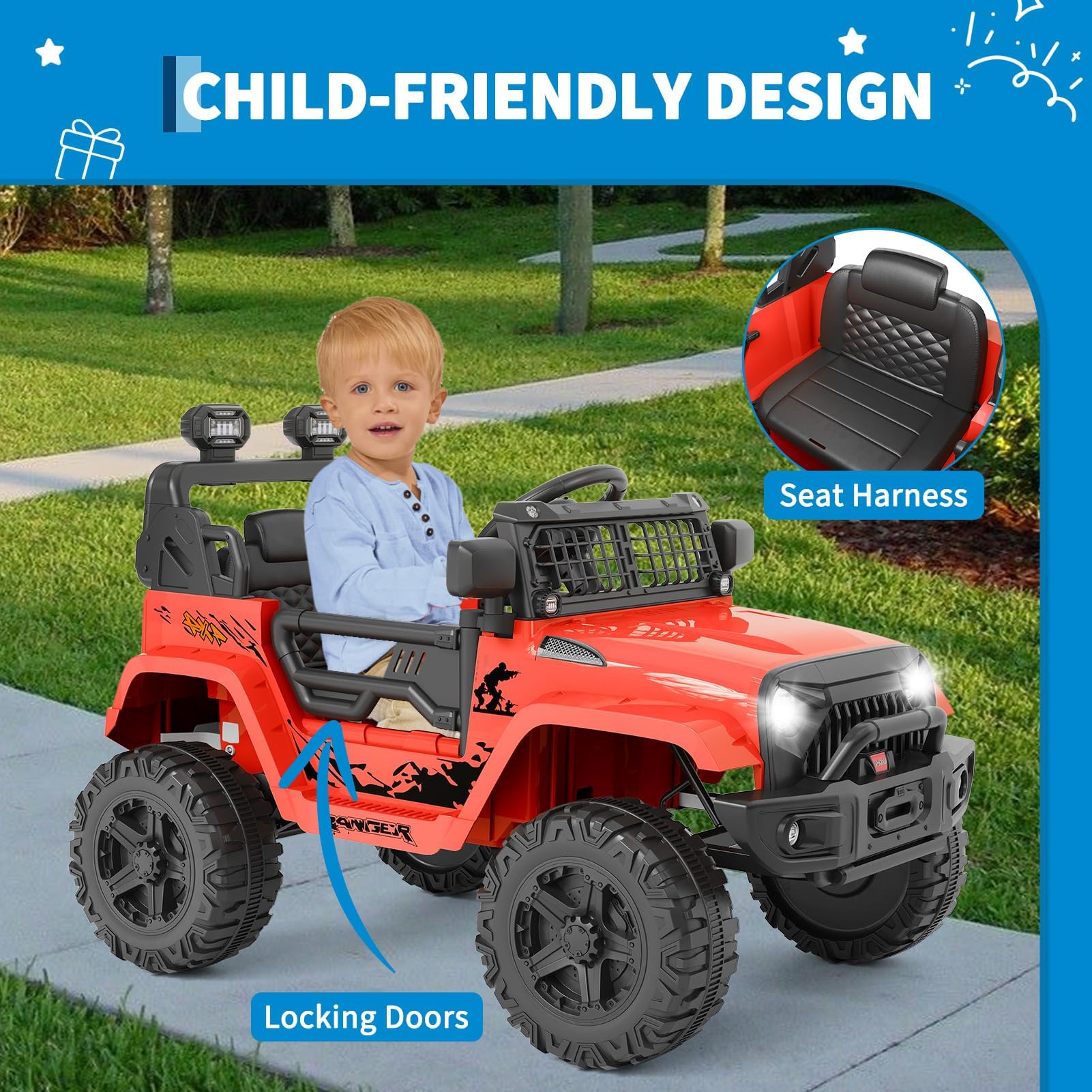 Kinder Elektroauto 12V mit Fernbedienung LED Lichter und Musik Rot