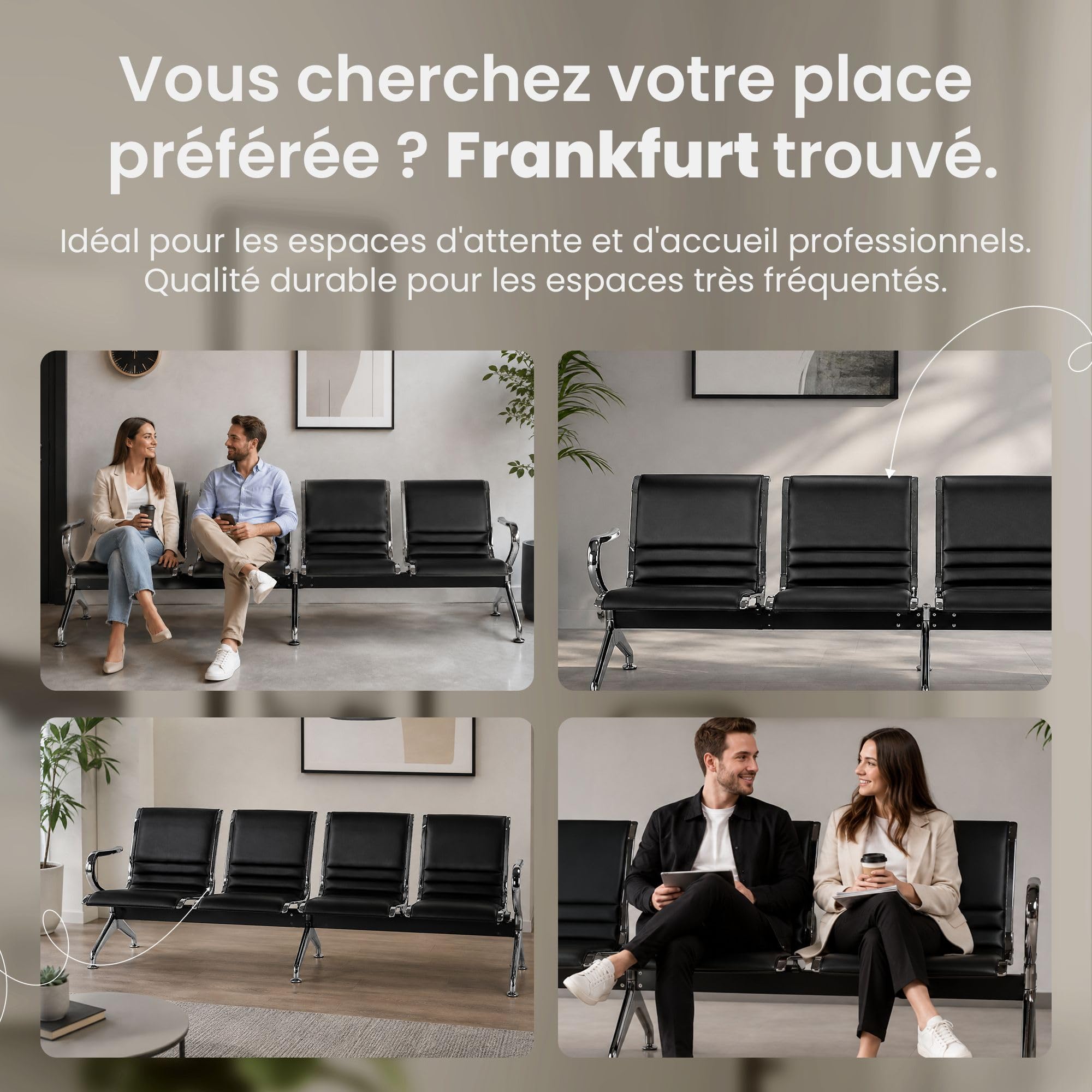 CLP Banc d'attente 4 Places Style aeroport Frankfurt, Banc d'entree avec Dossier, Coques ergonomiques Aspect Cuir, jusqu'a 150 kg par Siege | Couleur Noir