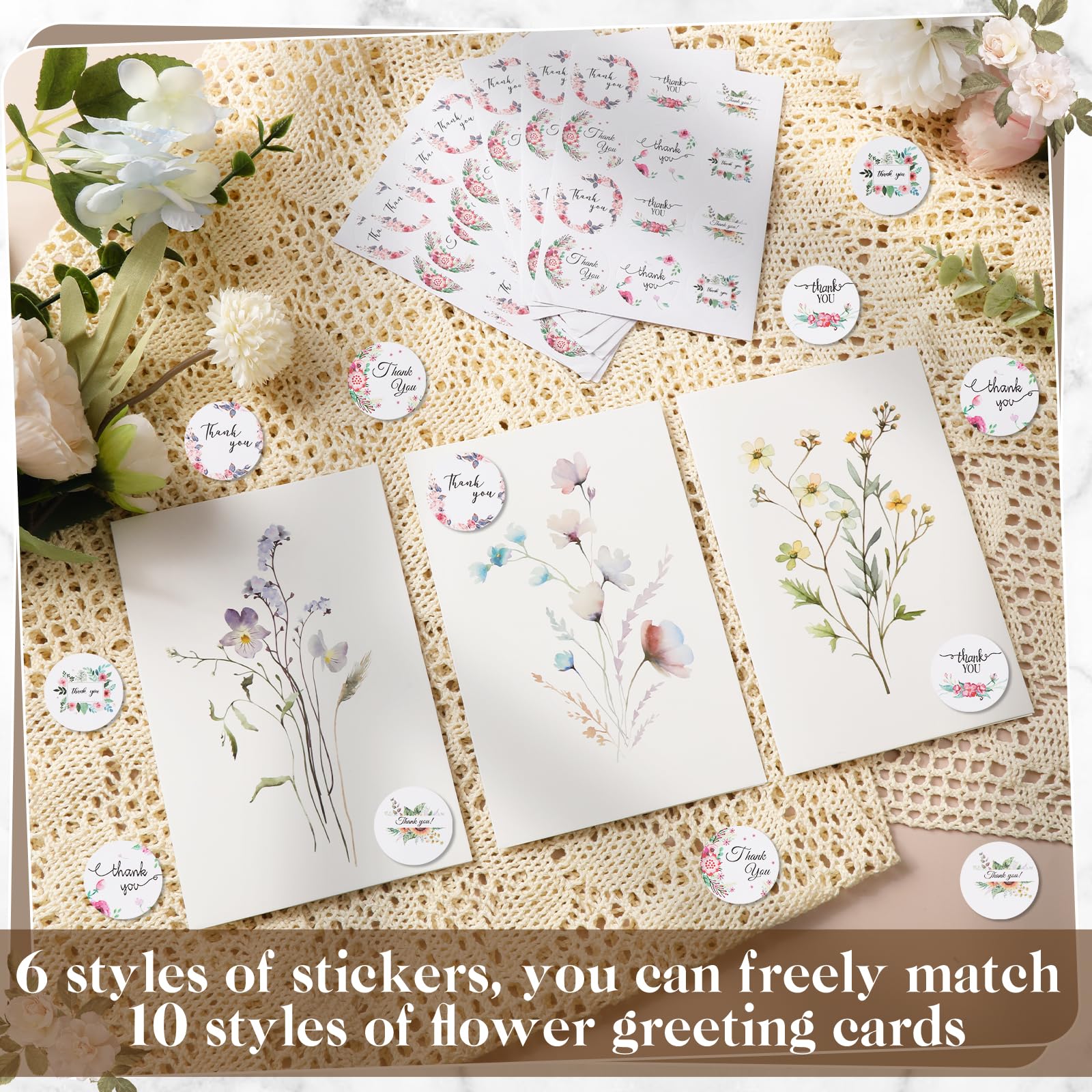 VZZNN Lot de 100 cartes de remerciement motif fleurs sauvages (10,2 x 15,2 cm), cartes de remerciement pour petite entreprise, carte de mariage avec enveloppe, livrées avec 108 autocollants ronds