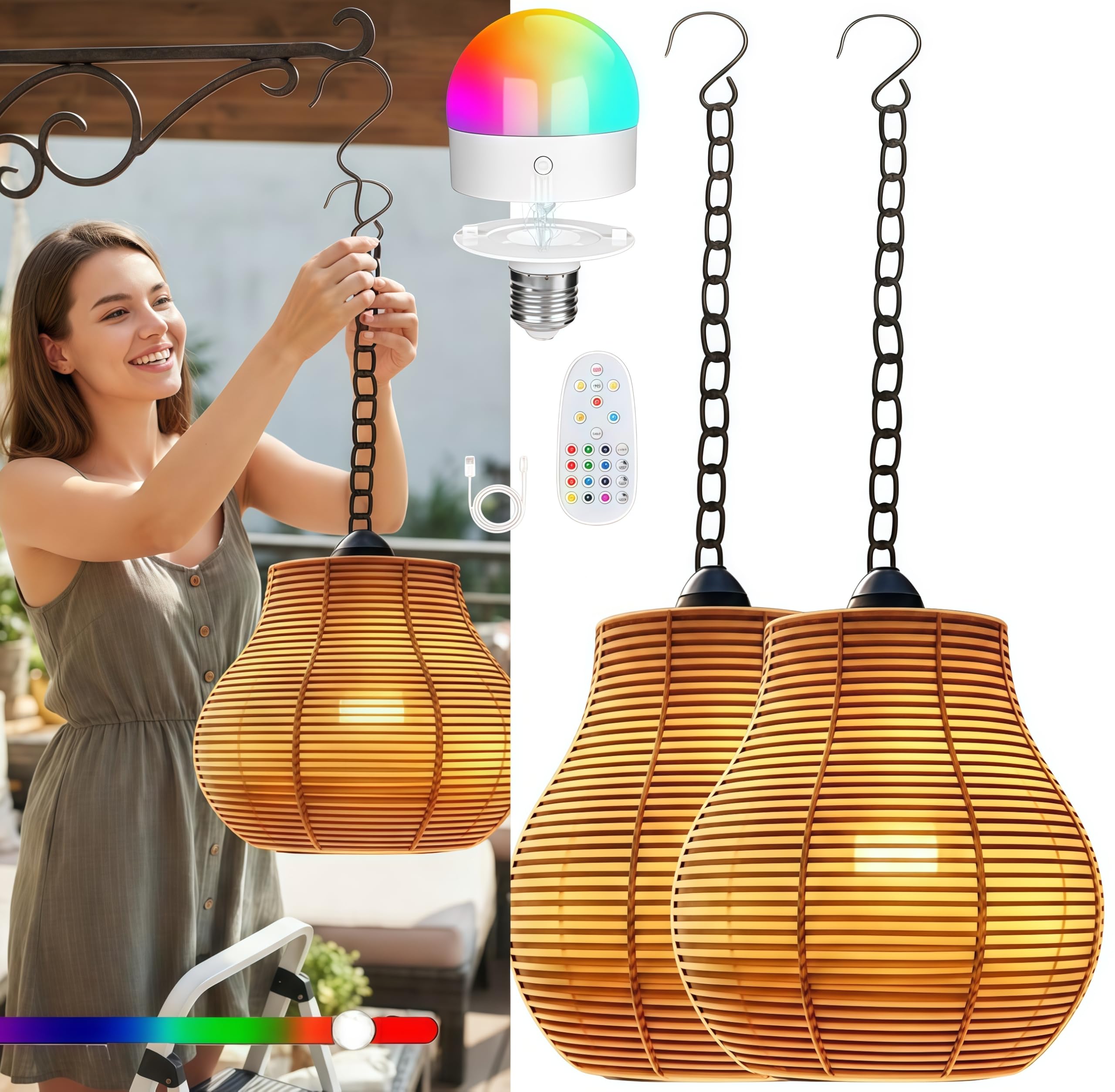 wgzixezn Battery Operated Pendant Light with Remote Rgb Pendant Light Rechargeable Wireless Rgb Pendant Light Rechargeable Hanging Outdoor Chandelier Gazebo Lights with Timer Stepless Dimming