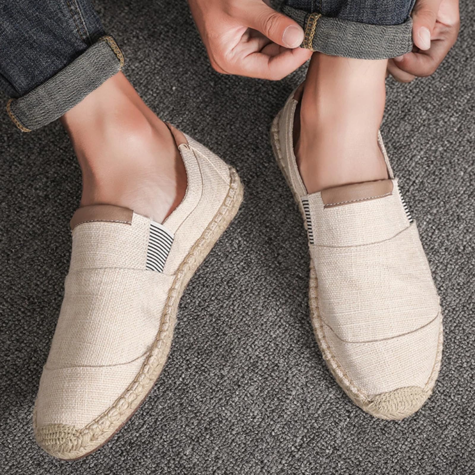 Scarpe Uomo Lino Tela Espadrille Pescatore Casual | Tela lino forma tomaia leggera. Modello piatto adatto alla spiaggia, spostamenti quotidiani e svago weekend.