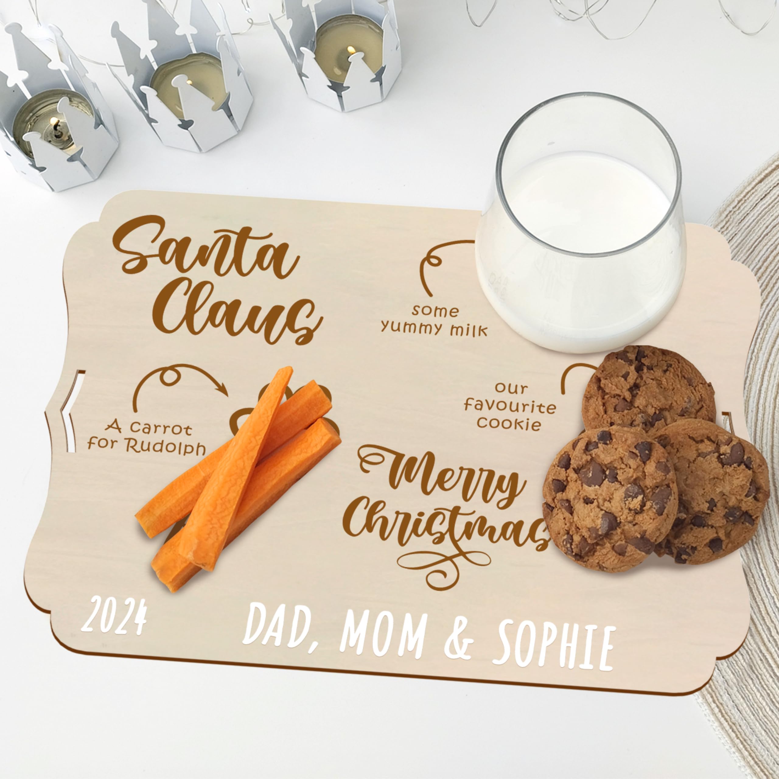 nagu® Bandeja Papá Noel Personalizada. Bandejas Navideñas con Nombres para Dejar Leche, Galletas y Zanahorias a Papá Noel y los Renos. Tabla de Madera Infantil 30x22 cm Decoración Original de Navidad