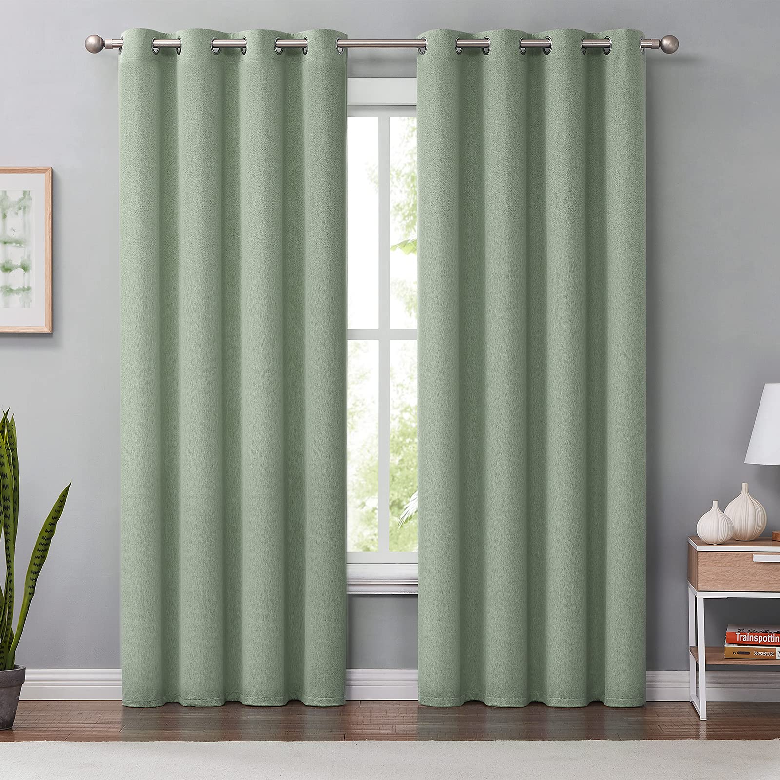 Melodieux Lot de 2 Rideaux occultants rustiques en Lin pour Chambre à Coucher et Salon, Isolation Thermique avec œillets, 127 x 160 cm, Vert