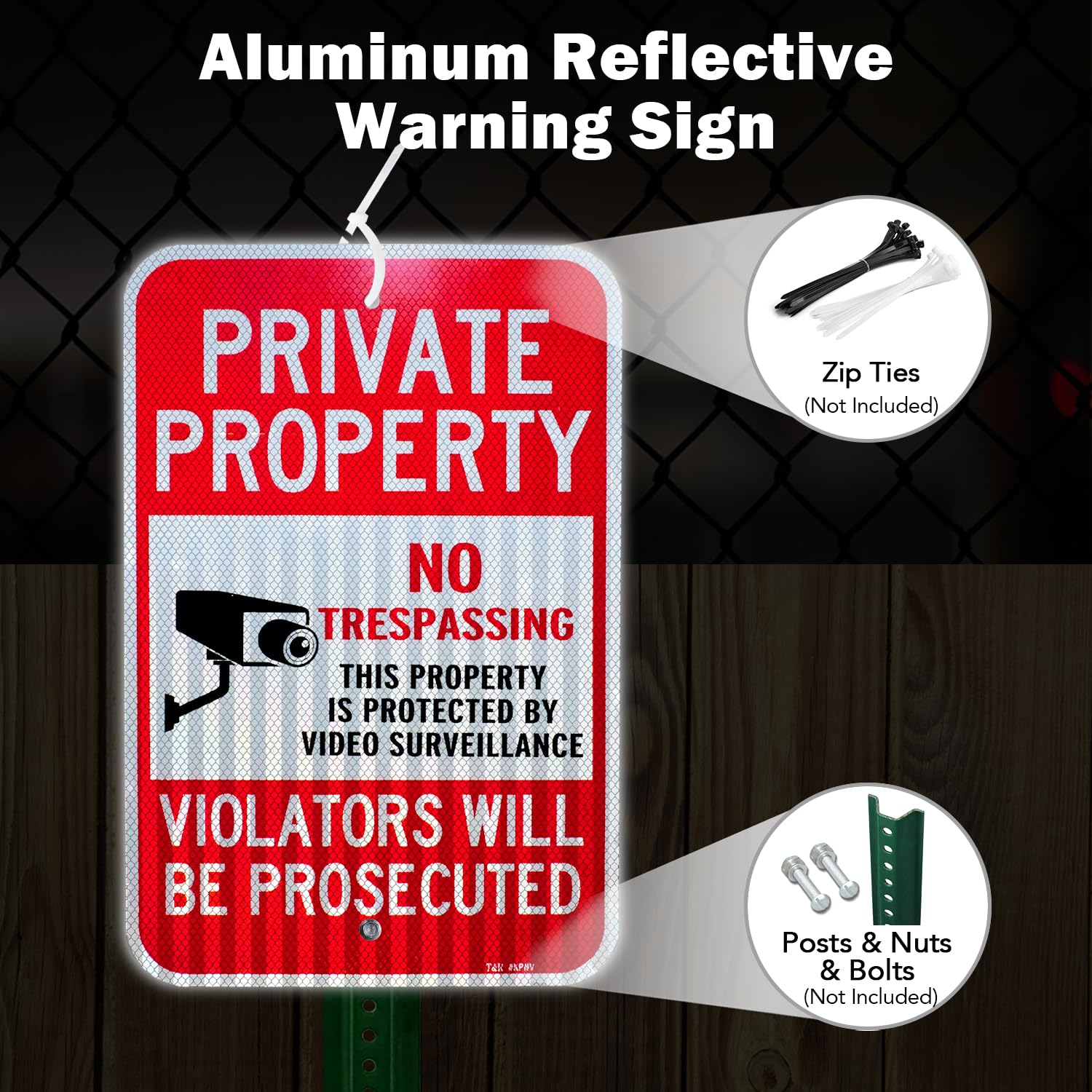 T&R Letrero grande de vigilancia con texto en inglés "No Trespassing Private Property Violators Will Be Prosecuted", letrero de videovigilancia, 18 x 12 pulgadas, lámina reflectante de grado