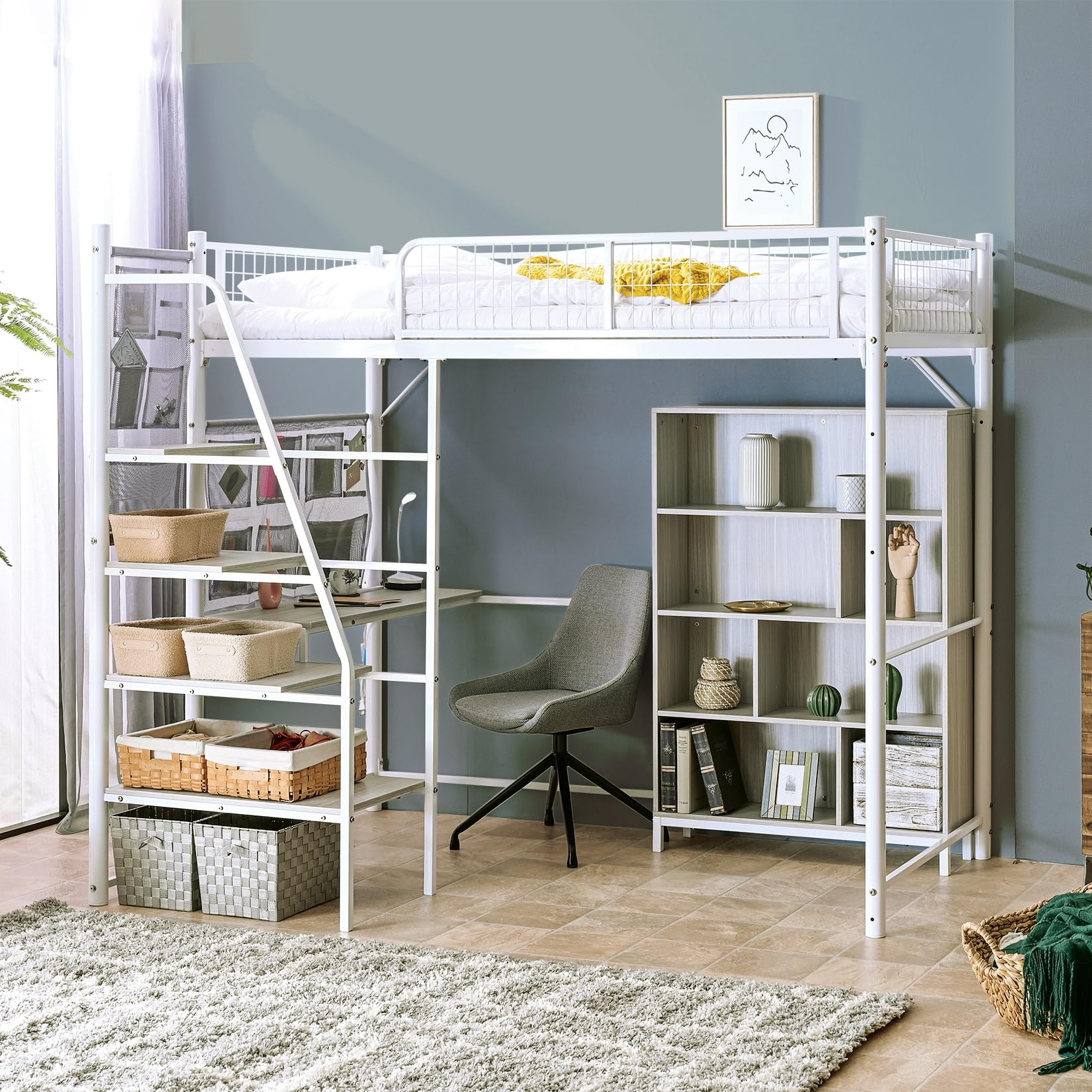 Amazon｜ロフトベッド 階段付き 本棚 収納ポケット パイプ ベッド