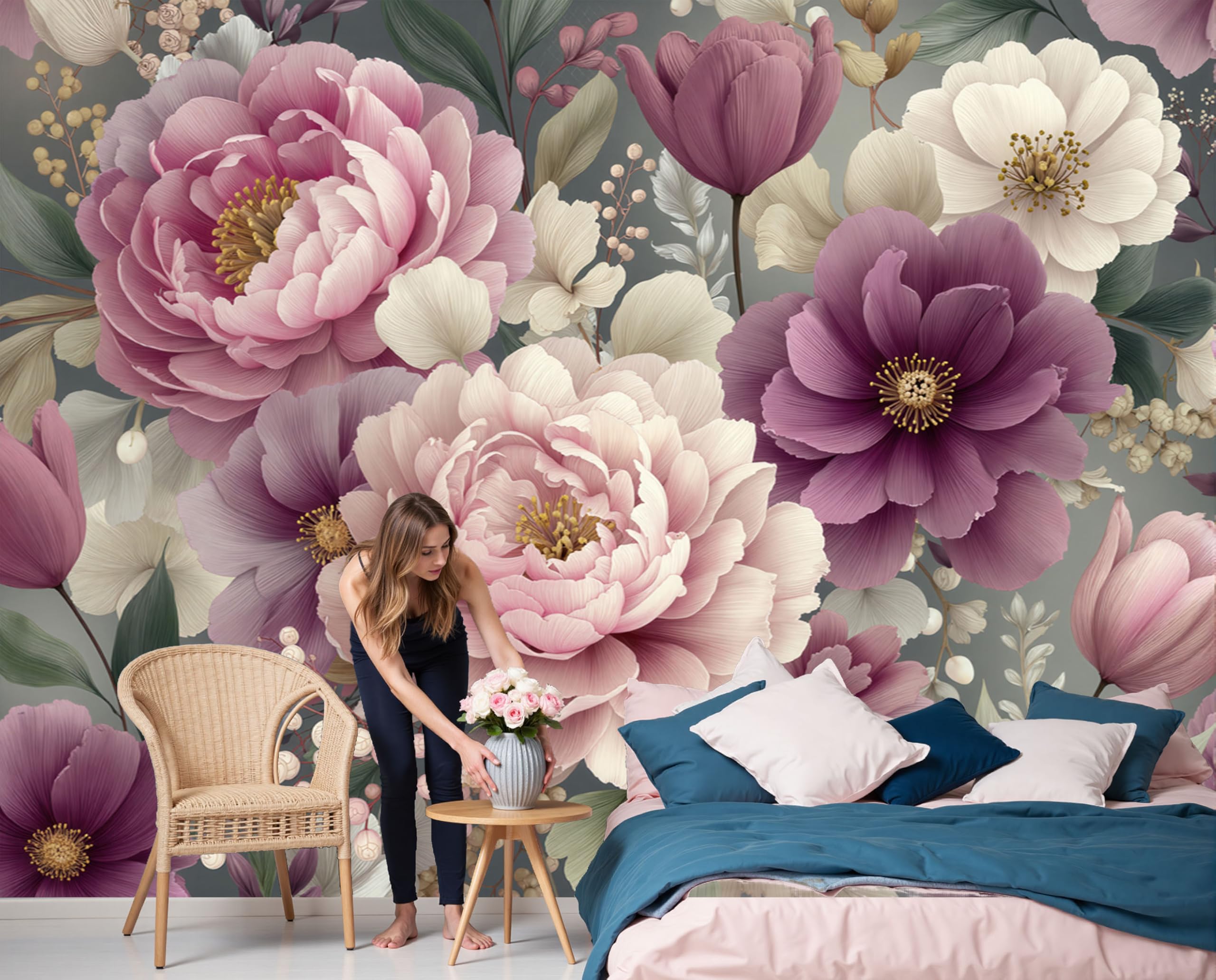 Peonia Fiori Tulipano Carta Da Parati Panoramica 300L×210A Cm, Floreale Retrò Realistico Parati Seta, Rosa-Violaceo Grandi Murali Per Soggiorno Camera Da Letto Studio