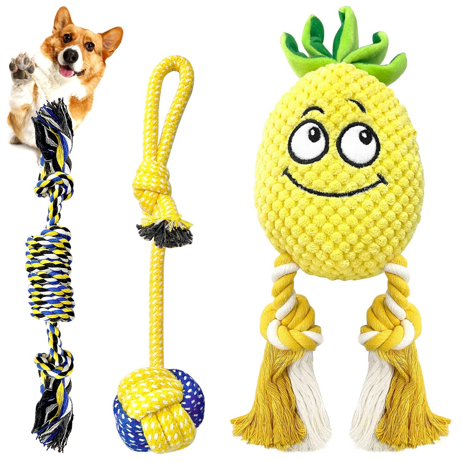 Sqinor Juguetes para Perros Sonido Resistentes Interactivos, Peluches para Perros Cachorros Grandes Pequeños, Regalos para Perros (Amarillo (Juego de Juguetes de Piña))