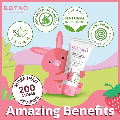 Miniatura 6 de BOTAO Baby'S Pasta de dientes natural con sabor a fresa, sin flúor, verificada por EWG, vegana, sin SLS, segura de tragar, aloevera, caléndula,