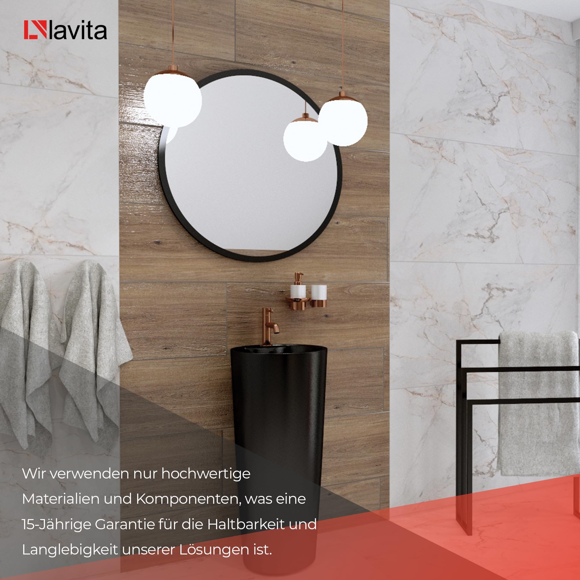 lavita Lavabo de pie Uvas Black | Lavabo redondo con rebosadero y orificio para grifo | de porcelana de alta calidad | lavabo de pie | 83,5 x 40 x 40 cm | negro mate