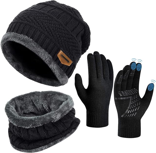 OOPOR Winter Hat Scarf Gloves Set - Thermal Warm Knitted Beanie Cap Circle Neck Warmer Touchscreen Glove Outdoor Sports Super Soft Fleece Inner Lining Stretchy Elastic Gift for Men Women