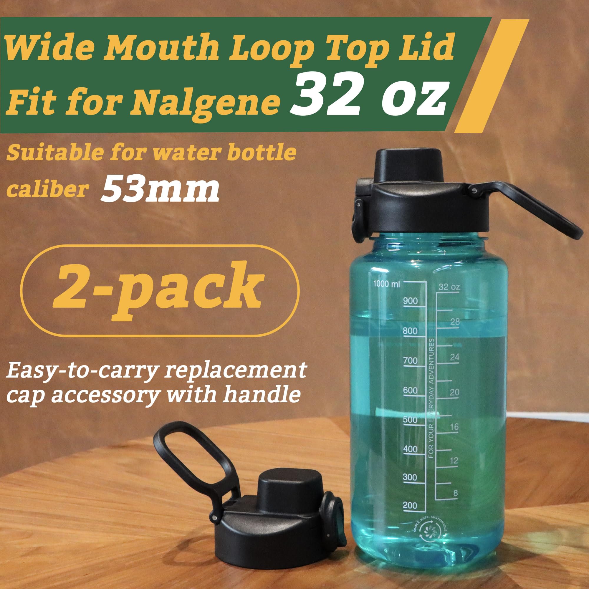 LUTQ 2 Pack Auto Flip Lid Replacement for Nalgene 32 oz 53mm Wide Mouth Bottles, 32 oz Wide Mouth Lid for Nalgene Accessories, Replacement Cap with Handle, Black
