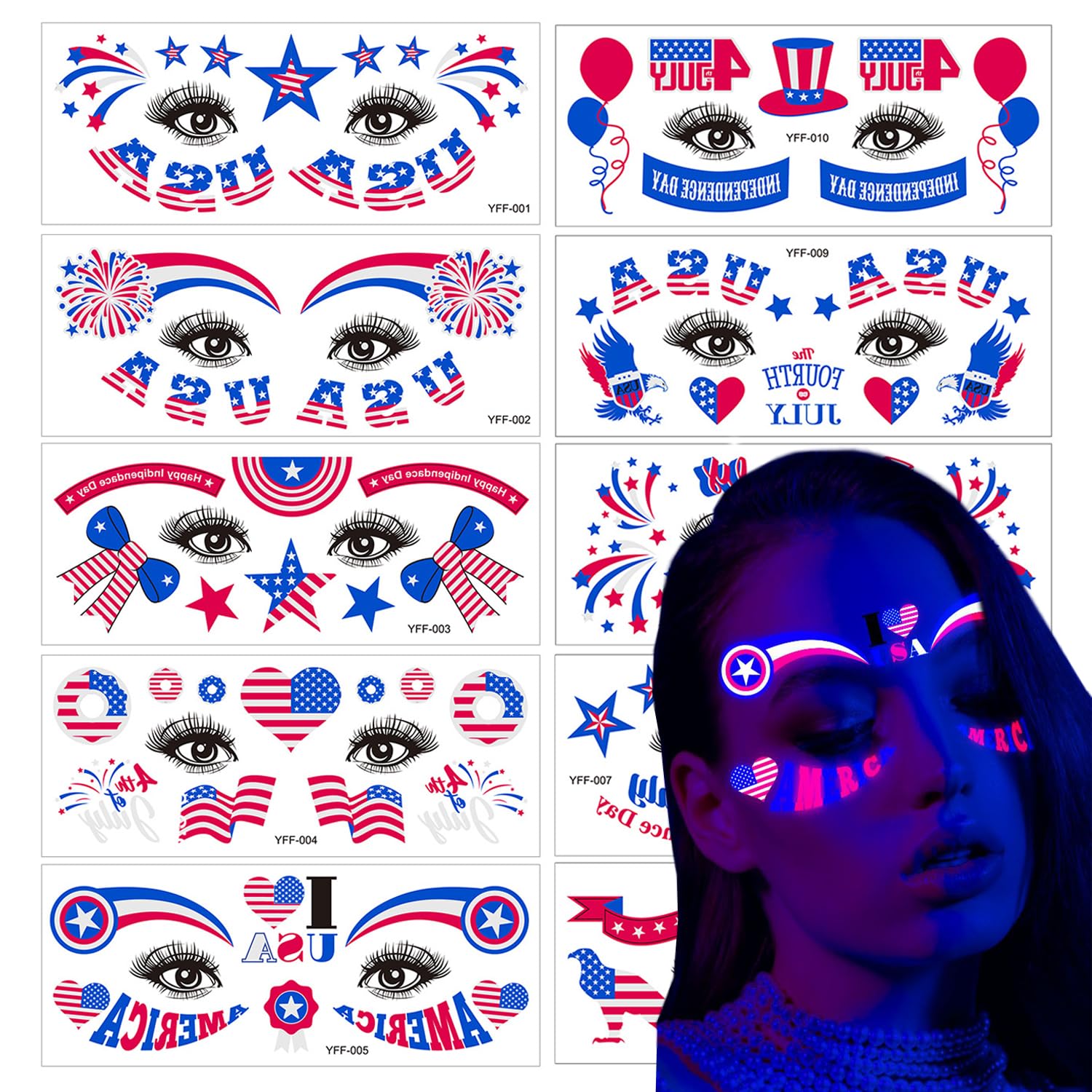 4th of July Tattoos Glow in The Dark Temporary Tattoos for Face Eyes Decoration American Flag Stickers Red White Blue Tattoo Decals for Adults and Teens