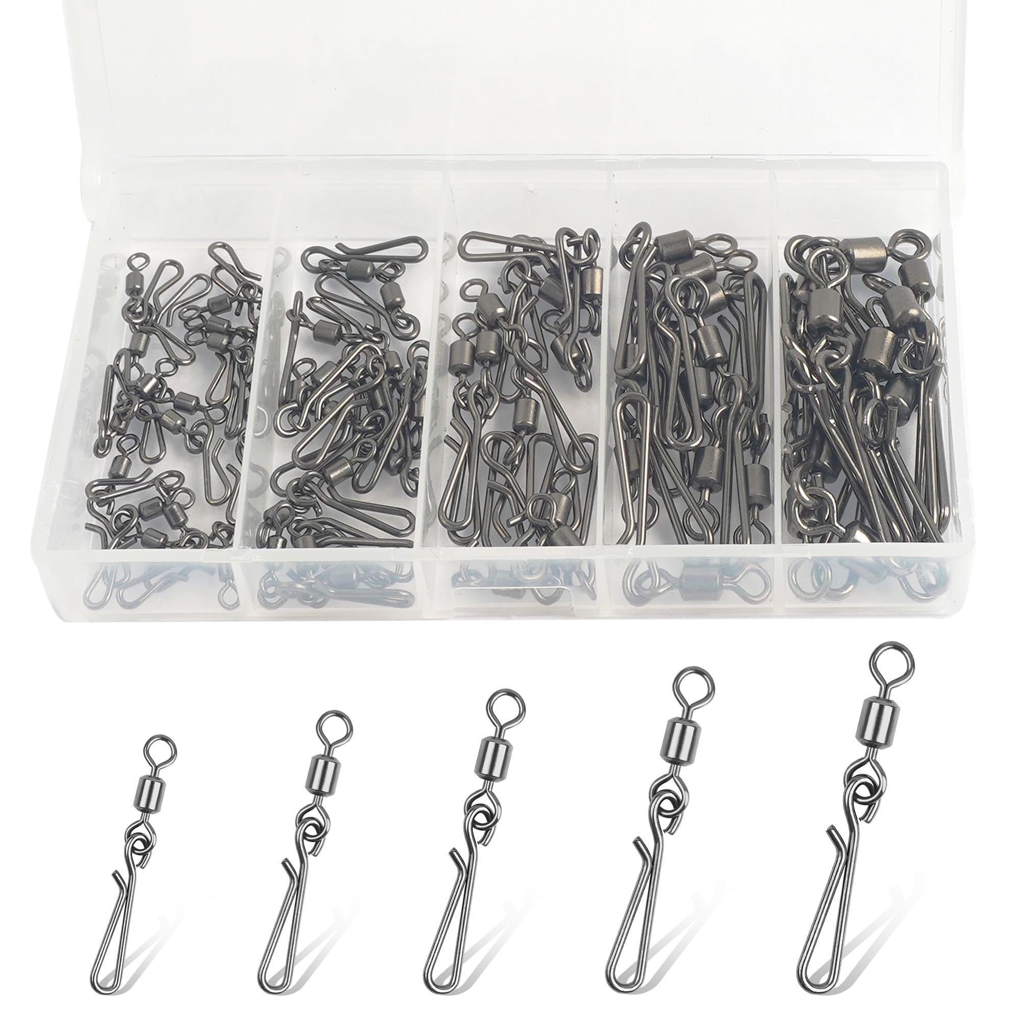 Fishing Swivel Snaps High Strength Rolling Swivel with Hanging Snap Fishing Line Connector Corrosion Resistance Snap Swivels Saltwater Tackle, Size 2 4 6 8 10 (60pcs Mixed Kit) — image 1