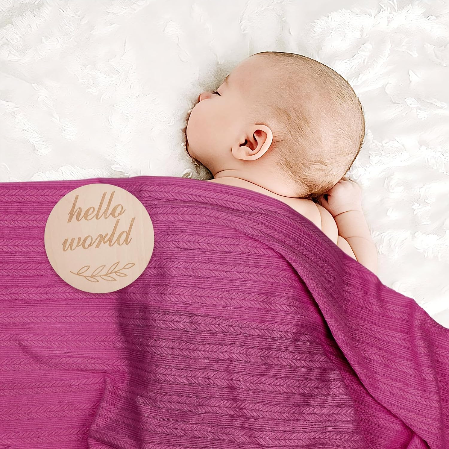 BQUBO Baby Swaddle Blankets for Girls, 4PCS Newborn Accessories Set with Hat and Bow Headband with Hello World Wooden Birth Announcement Card, Baby Blankets for Girls (Pink) image 2