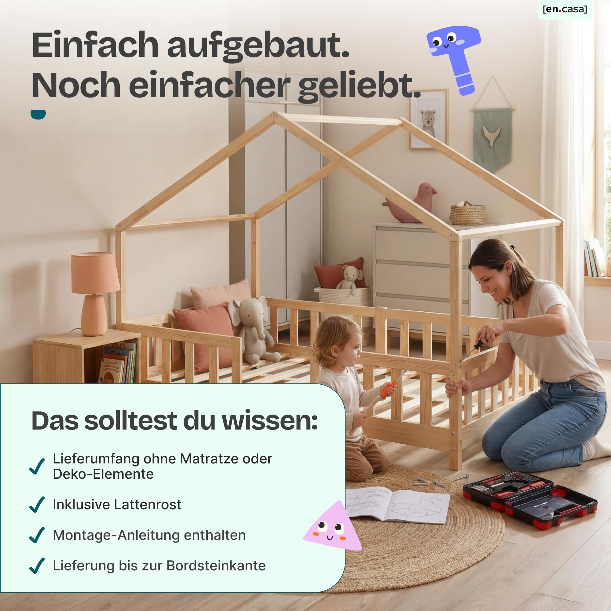 Kinderbett Treviolo Hausbett 120 x 200 cm Holzbett mit Rausfallschutz Montessori Bettgestell Kiefernholz