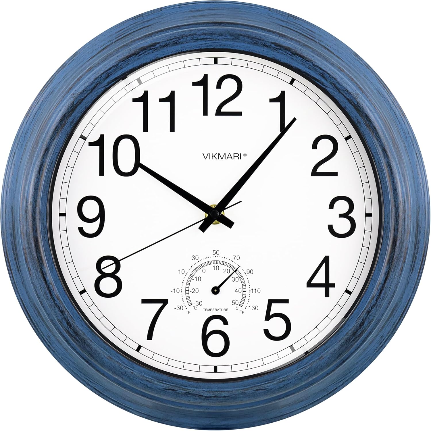 VIKMARI Indoor Outdoor Sealed Glass Clock Waterproof Silent Classic Quartz Clocks Thermometer Battery Operated Wall Clocks for Bathroom Patio Pool Wall Decor (12 Inch,Rustic Blue)