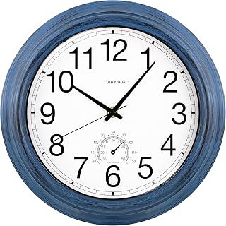 VIKMARI 30cm Gartenuhr Wetterfest, Outdoor Wanduhr mit Thermometer Indigo