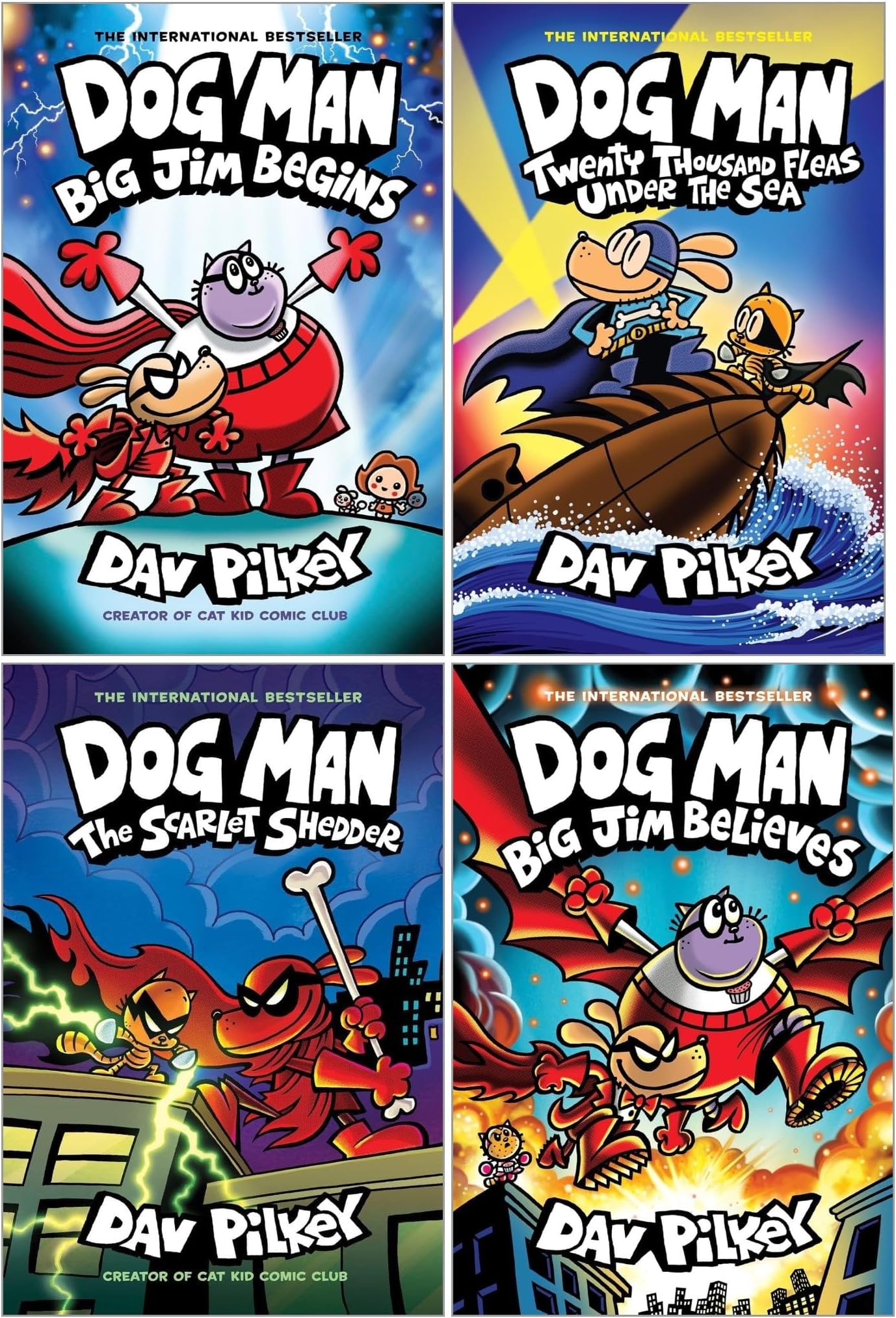 Dog Man Series 11-14 Collection 4 Books Set By Dav Pilkey (Twenty Thousand Fleas Under the Sea, The Scarlet Shedder, Big Jim Begins, Big Jim Believes)