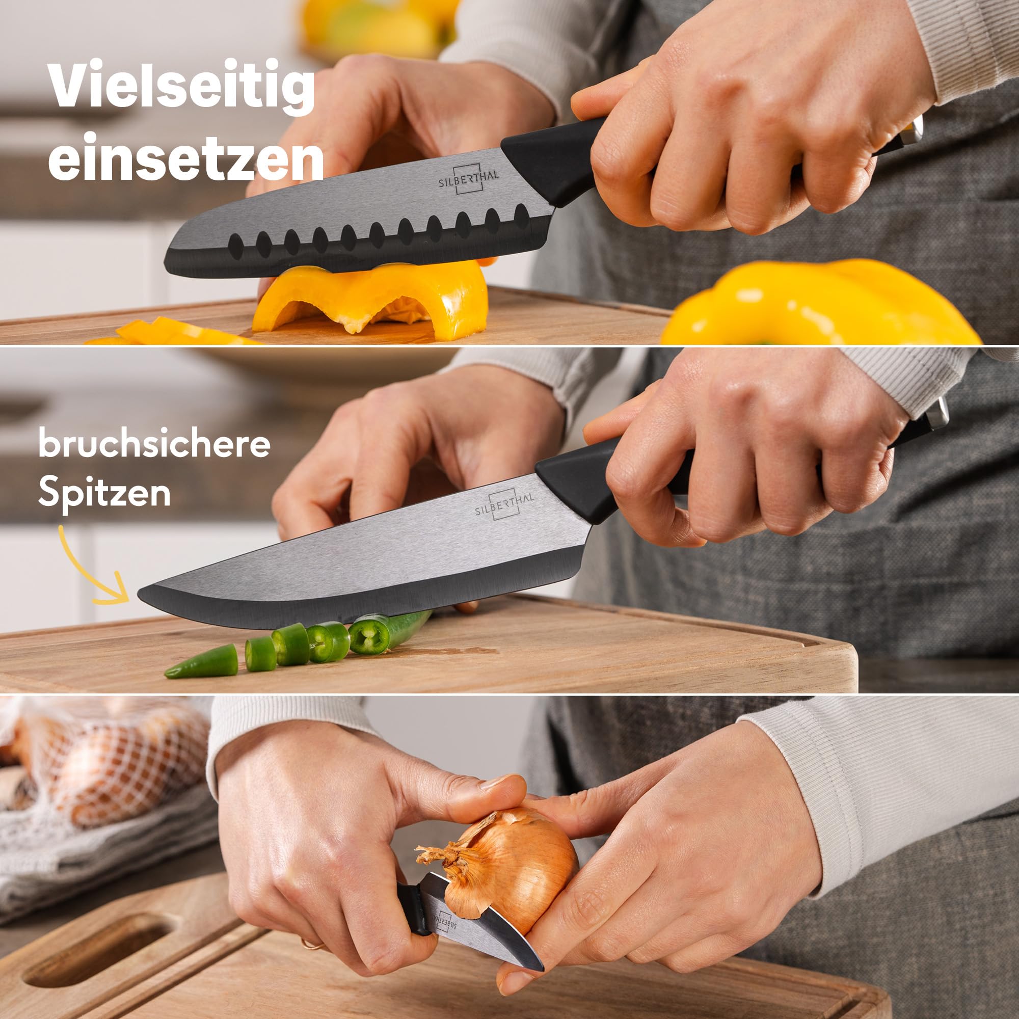 SILBERTHAL Zestaw noży ceramicznych 3 szt. – ostre noże szefa kuchni 15 cm, nóż Santoku 13 cm, nóż do obierania 7,5 cm