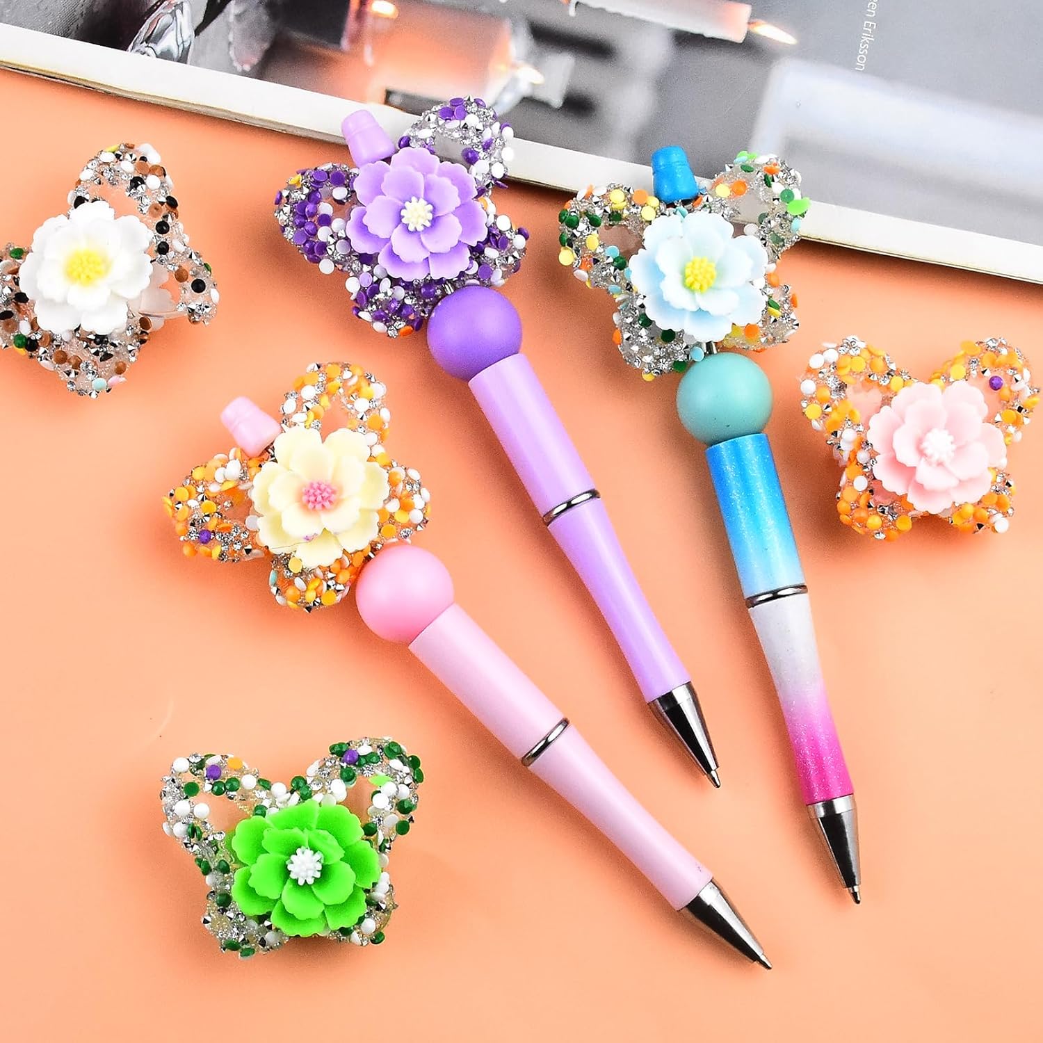 Rhinestone Butterfly Flower Beads for Pens 6pcs Fancy Butterfly Beads for Beadable Pens Keychains Flower Pen Beads for Pens Making - Image 4