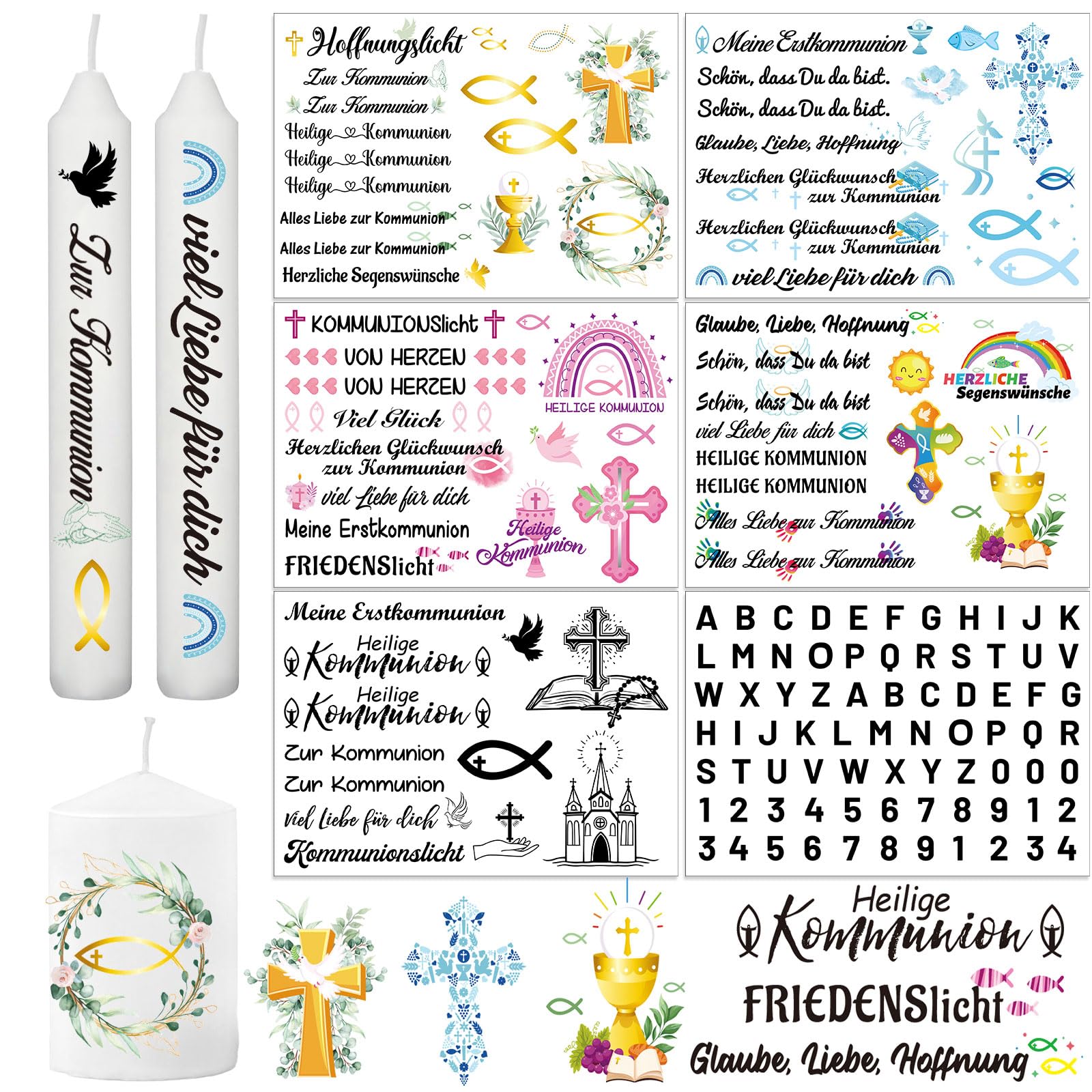 HOWAF 6 Blätter Kerzen Tattoo Kommunion Deko, Kerzentattoos Kommunion Geschenk Fische Tattoofolie für Kerzen Aufkleber Wasserschiebefolie mit Spruch, für Erstkommunion Taufe Konfirmation Deko