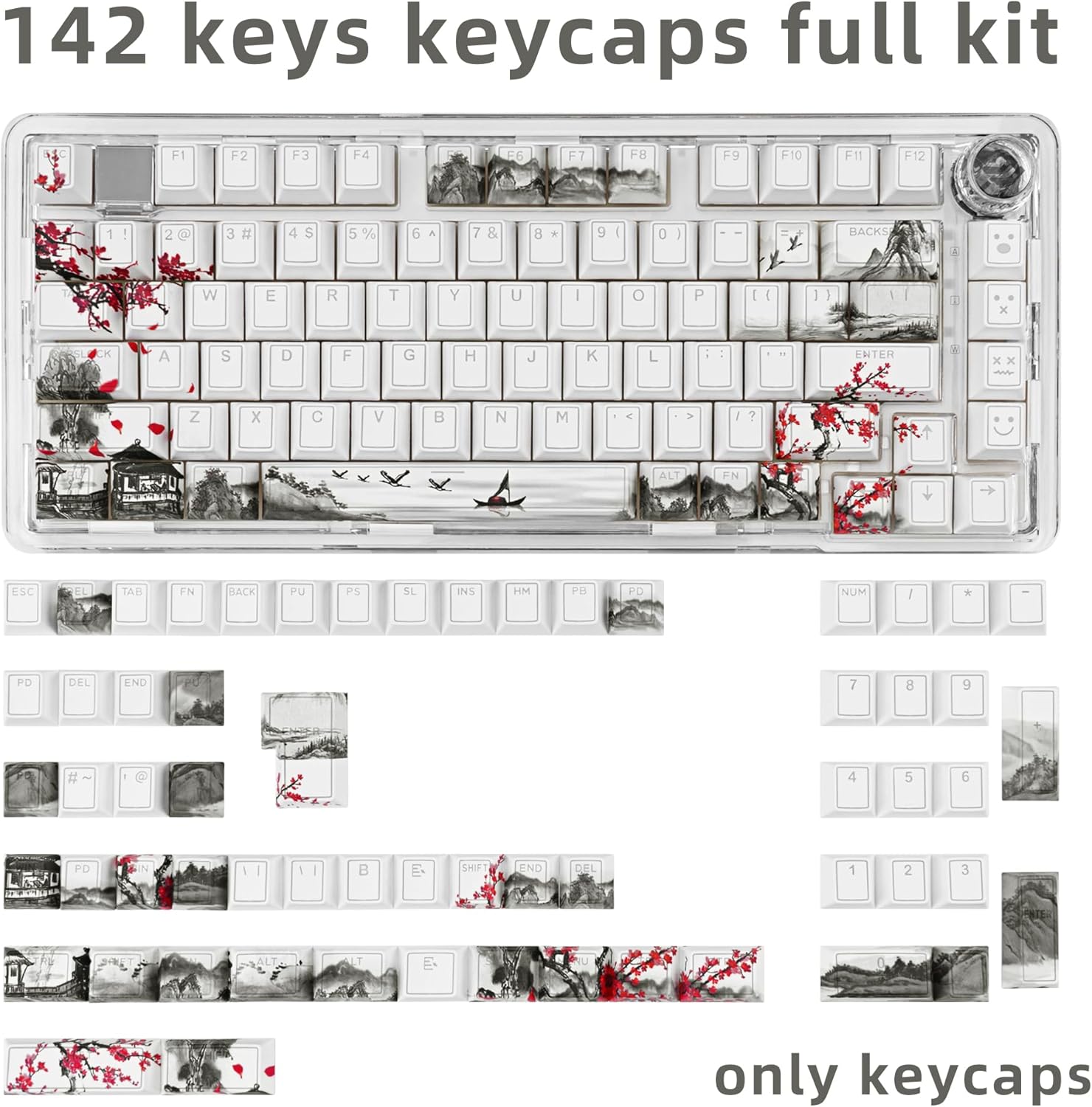 PBT Keycaps Set 142 Keys, Shine Through White Japanese Keycap, Plum Blossom Custom Double Shot Keycap Set, Cherry Profile Dye-Sublimation Key caps for Cherry MX Mechanical Keyboards