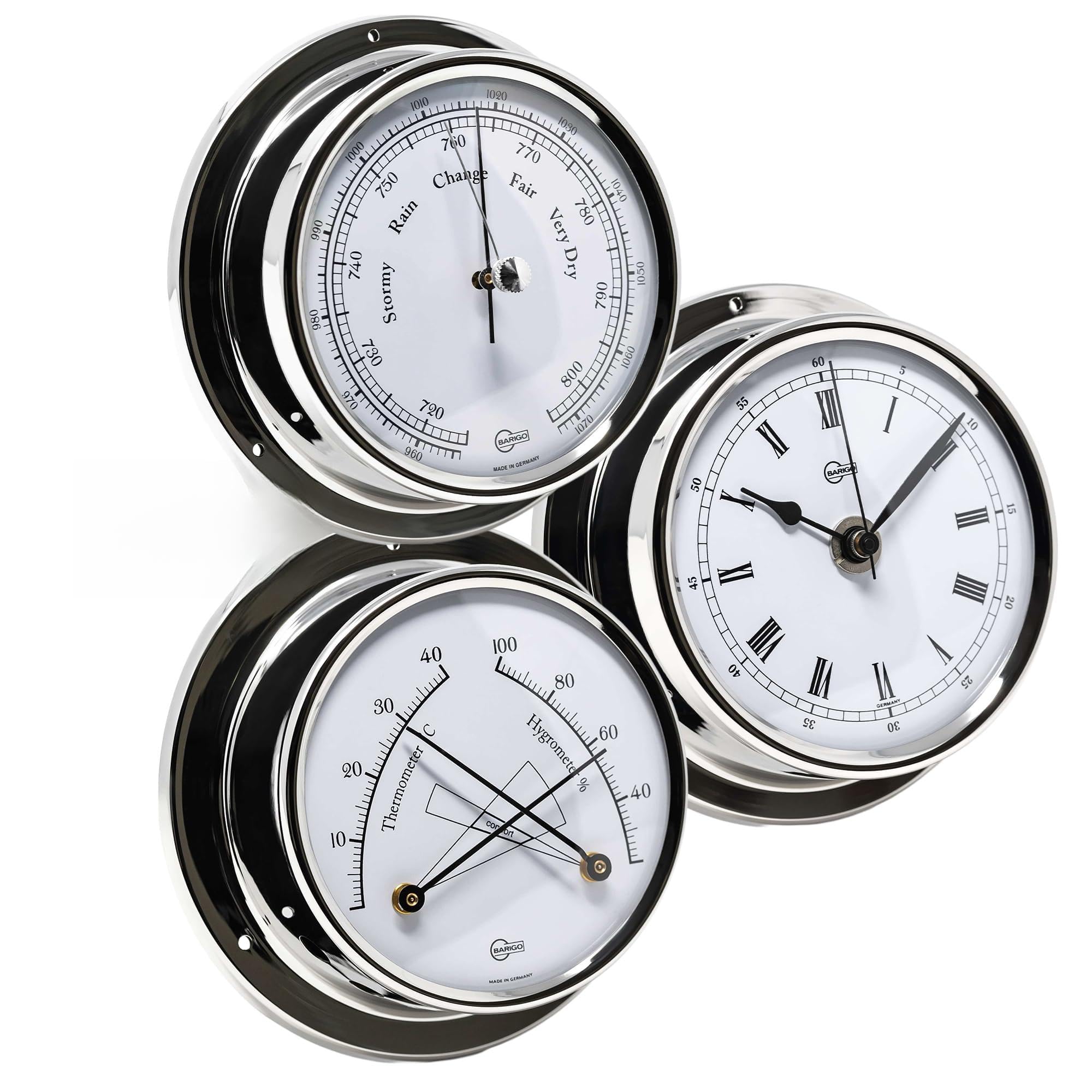 Barigo Bundle - Barometer, Thermo-Hygrometer und Quarzuhr - Serie Regatta - Edelstahl poliert - Set 3 Stück - Made in Germany