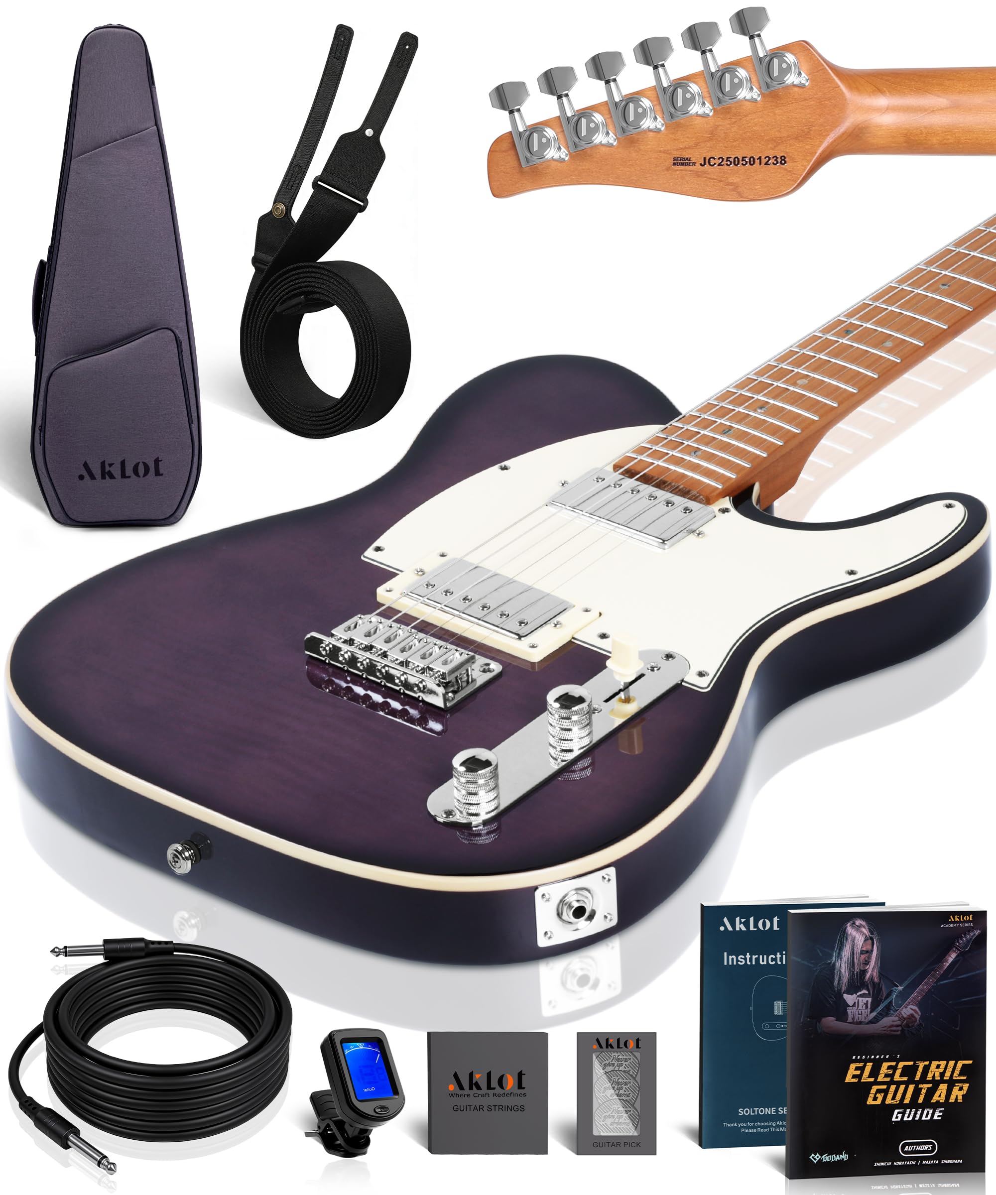 AKLOT Modern TL Electric Guitar: Saddle String-Through Bridge, Locking Tuners, HH Pickup, Coil Split, Rounded End Frets, Roasted Maple Neck &amp; Flame Maple Top, Beginner Guitars Kit with Gig Bag, Purple