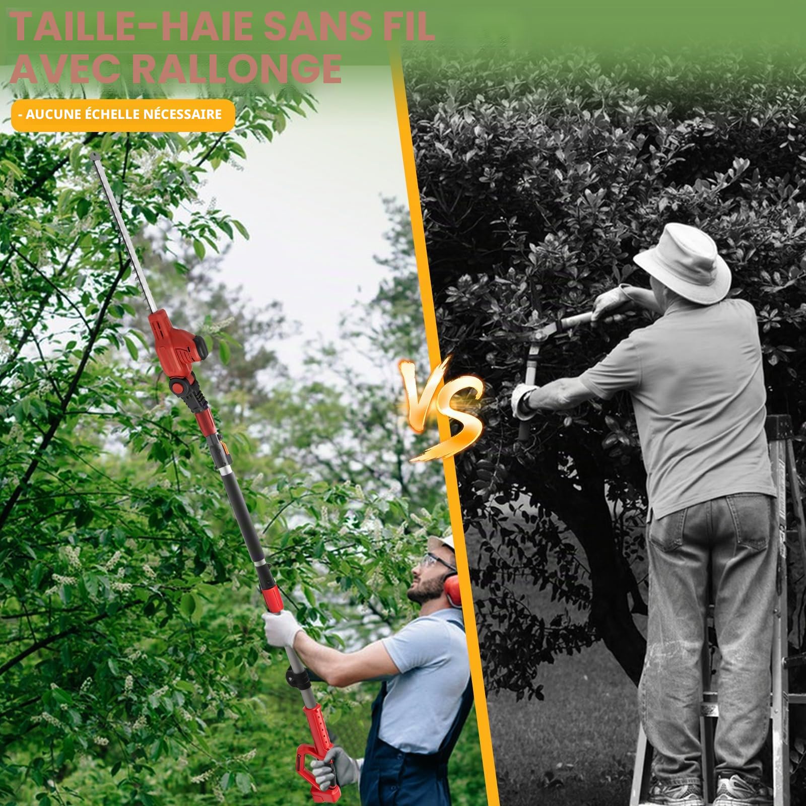 Taille-haie télescopique sans fil compatible avec Milwaukee m18, portée maximale de 2,97 m, longueur de coupe de 41 cm, tête rotative à 11 positions avec bandoulière pour élagage d'arbustes