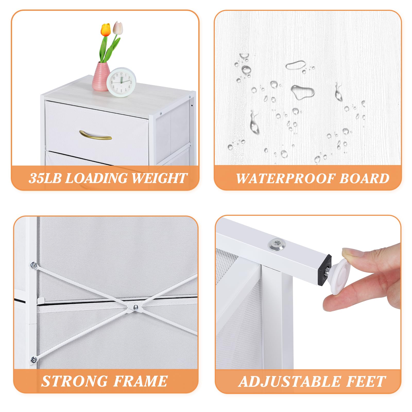 LIANTRAL Dresser for Bedroom with 4 Drawers, Fabric Dresser Small Dresser Chest of Drawers, Steel Frame & Wood Top, Storage Drawers Tower for Bedroom, Hallway, Entryway, Closets, White