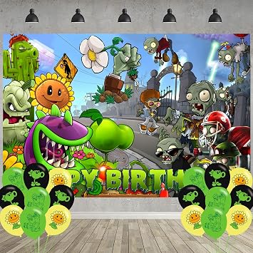لعبة النباتات ديكور حفلة عيد ميلاد،لاعبين PVZ خلفية صورة الحفلة 5 x 3 قدم و 18 قطعة بالون،مستلزمات خلفية حفلة النباتات التجارية