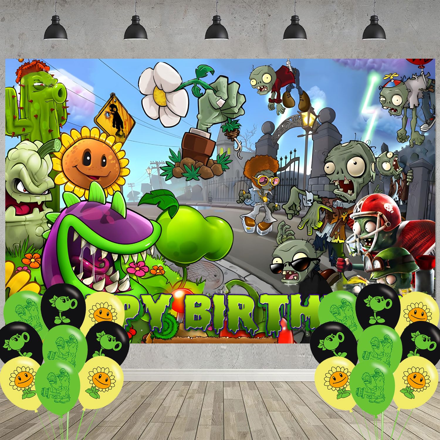 Plants Game Birthday Party Decoration,Players PVZ Party Photo Background 5 x 3 FT and 18 Pcs Balloon,Plants Merch Party Backdrop Supplies