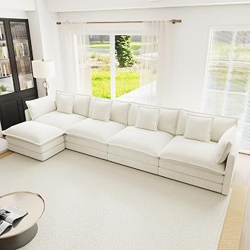 146.5 Modular Sectional Sofa Upholstered 4 Seater Chenille Loveseat L-Shaped Convertible Cloud Couch with 1 Ottoman and Pillows for Living Room,Apartment,Home TheaterBeige