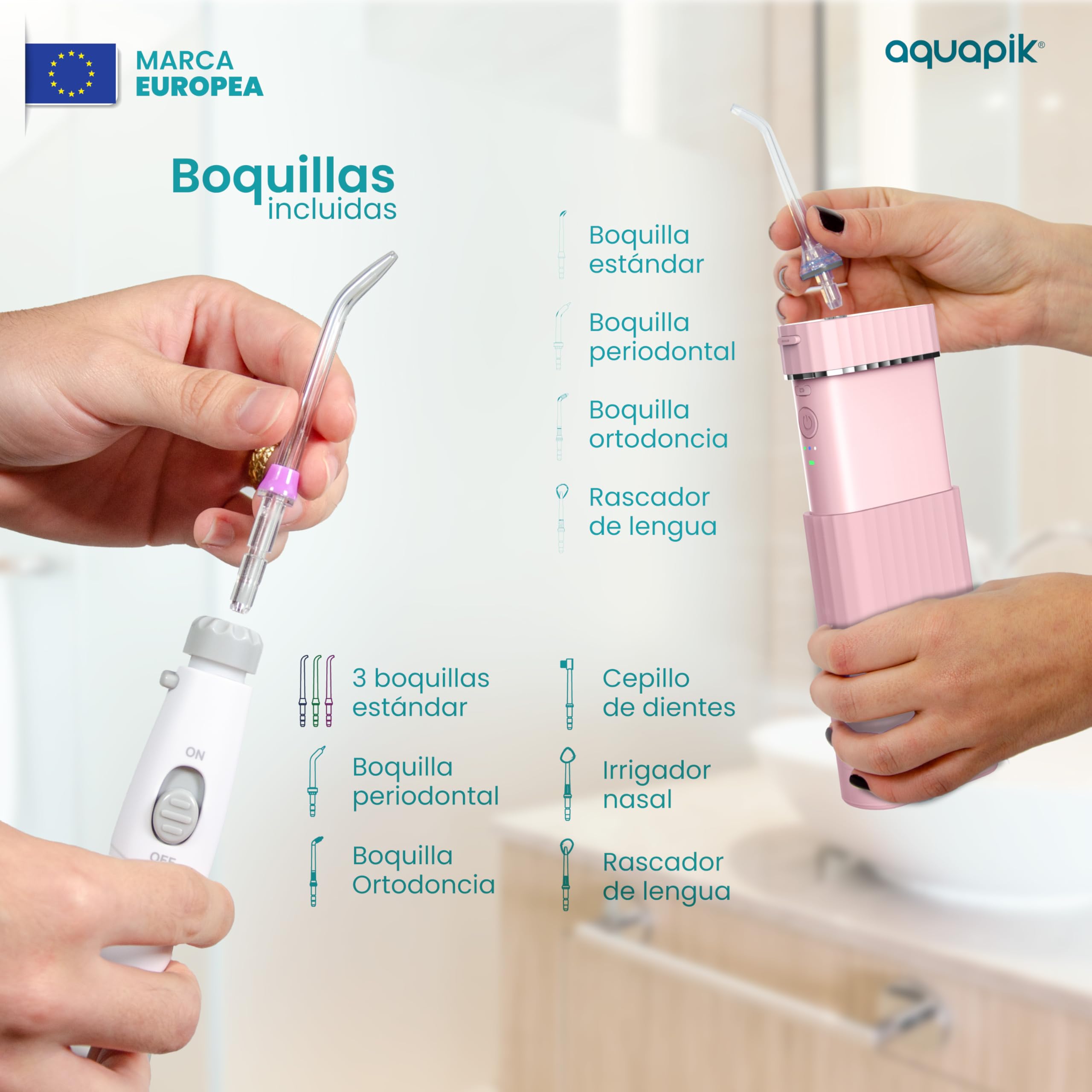 Pack de Irrigadores Dentales Aquapik: sobremesa + Mini Portátil | Recomendado por dentistas + Elimina la Placa + Cuida tus Implantes y Ortodoncia |Higiene Bucal Profunda (B. Blanco-Rosa)