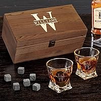 Personalized Engraved Twist Whiskey Glasses Set with Whisky Stones & Custom Display Case - Home Wet Bar