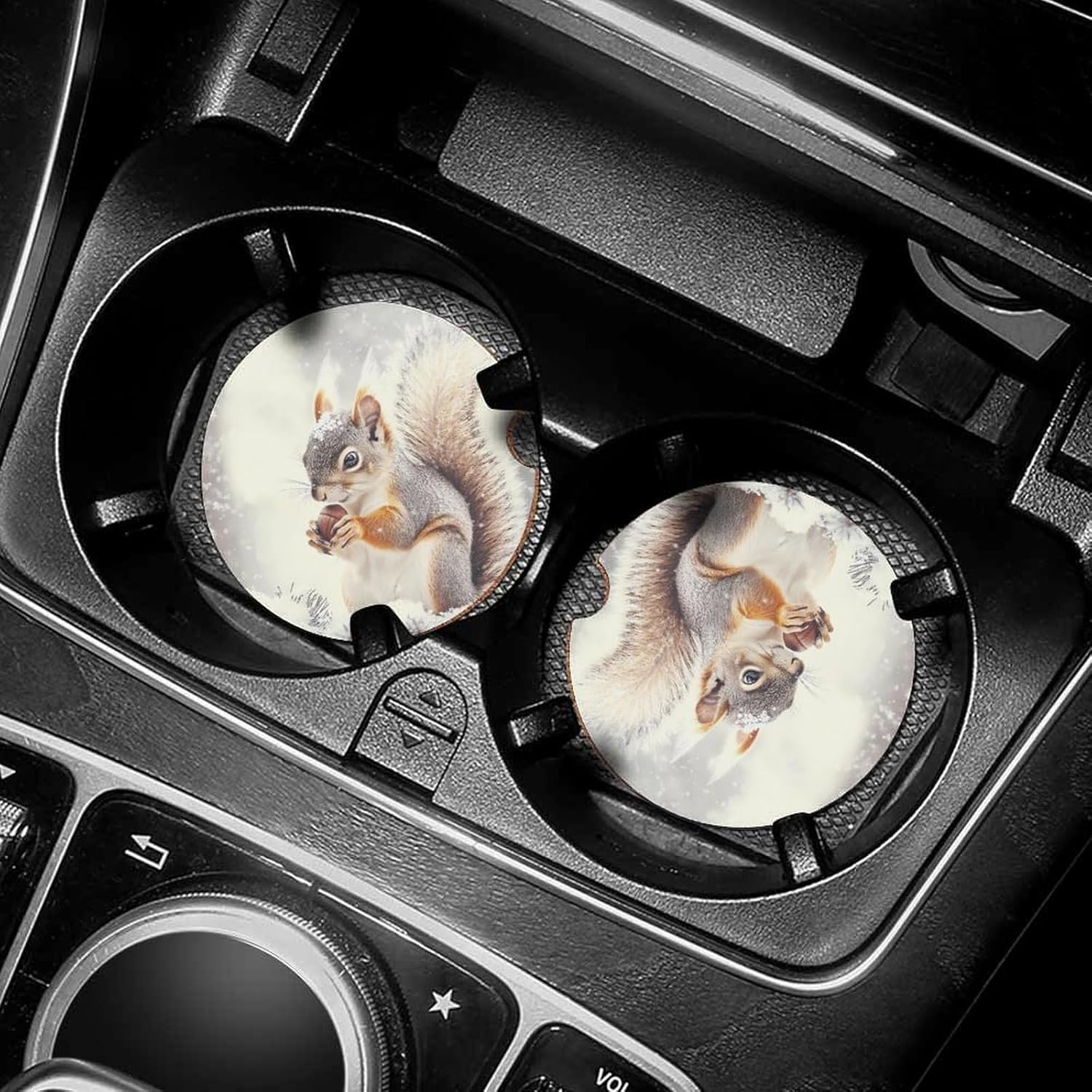 Squirrel in Snows Day Cute Car Coasters 2.56 Inch Absorbent Cup Holder for Drinks Auto Interior Accessories