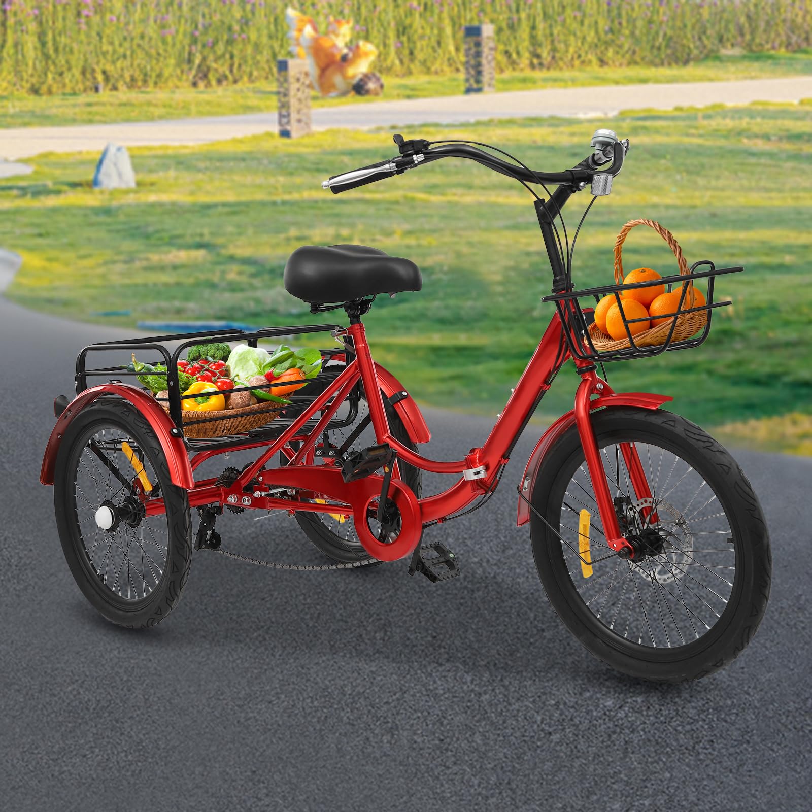 Tricycle pliable rouge à 7 vitesses – Vélo robuste avec siège réglable et freins pour le shopping, les randonnées et l'entraînement