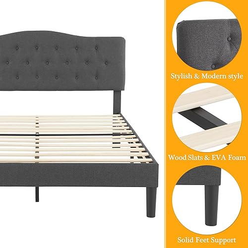 Miniatura 9 de VECELO Base de cama de tamaño matrimonial con cabecera ajustable copetuda, base de colchón, soporte de listones de madera, fácil montaje, color gris