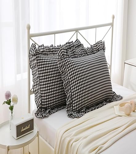 Fundas de almohada cuadradas a cuadros en blanco y negro con volantes, fundas de almohada a cuadros, fundas de almohada de gingham, fundas de Negro