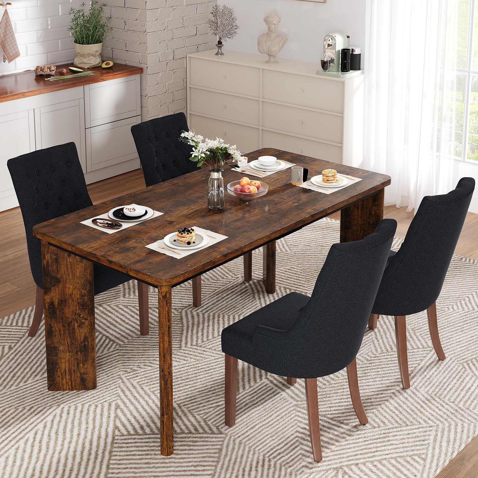 MALOL 5-Piece Rectangular Dining Table Set for 4, 63" Industrial Kitchen Table with 4 Tufted Parsons Dinner Chairs for Dining Room, Kitchen, Living Room, Brown+Black