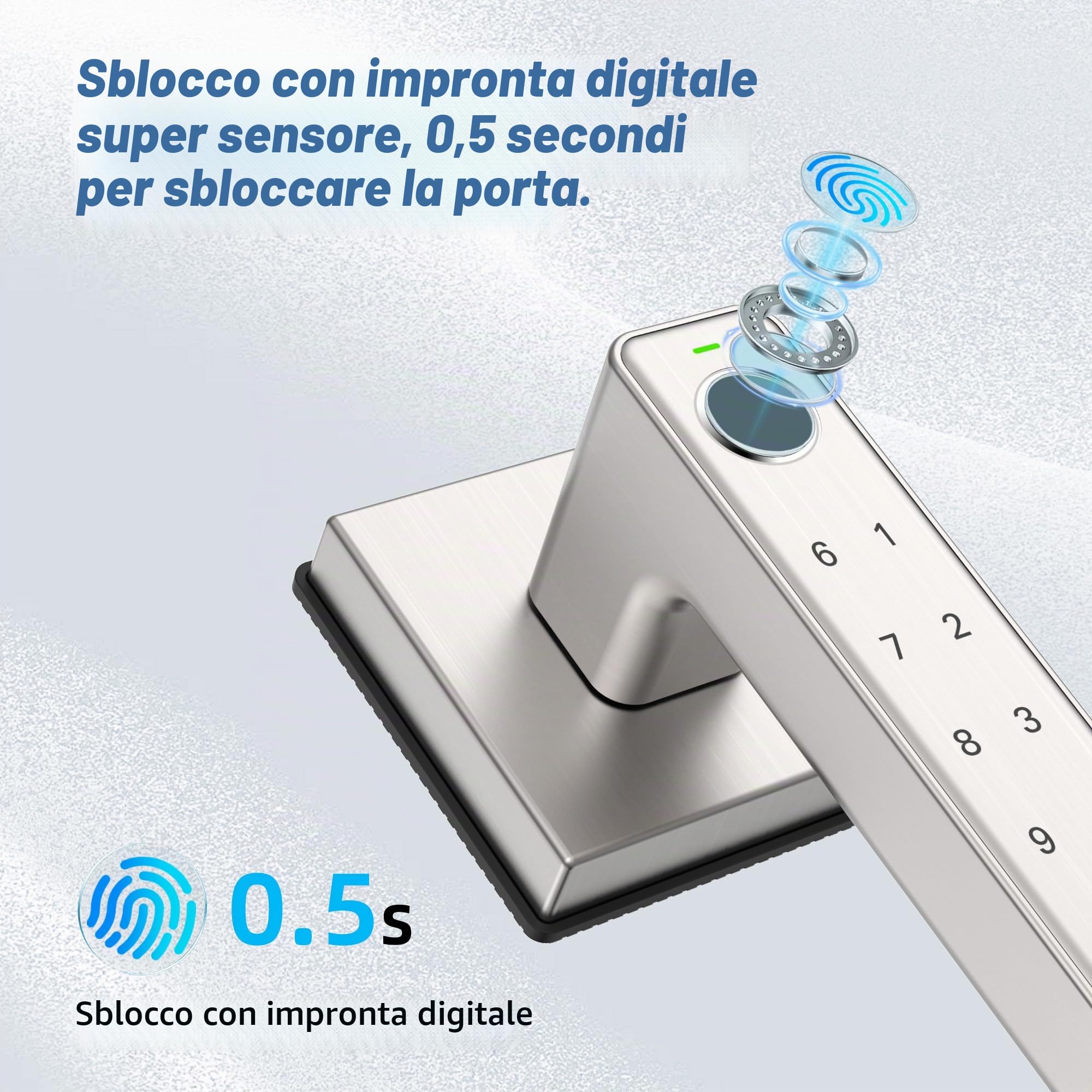 Serratura per porta con impronte digitali, serrature biometriche con maniglia e chiave meccanica*2, ingresso senza chiavi con touch digitale per casa, camera da letto, hotel, ufficio, argento