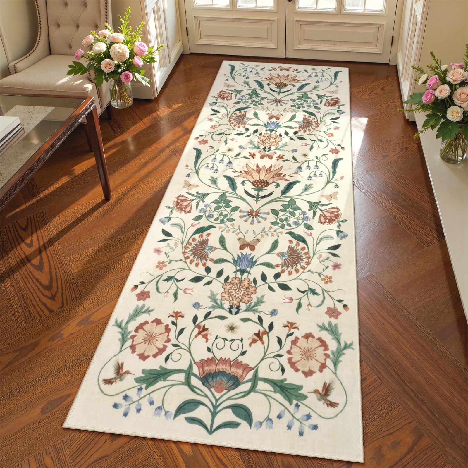 Collive Washable Kitchen Rug Runners 2x6, Spring Boho Floral Vintage Rug Runner for Hallways Beige Non Slip Entryway Carpet Modern Soft Low Pile