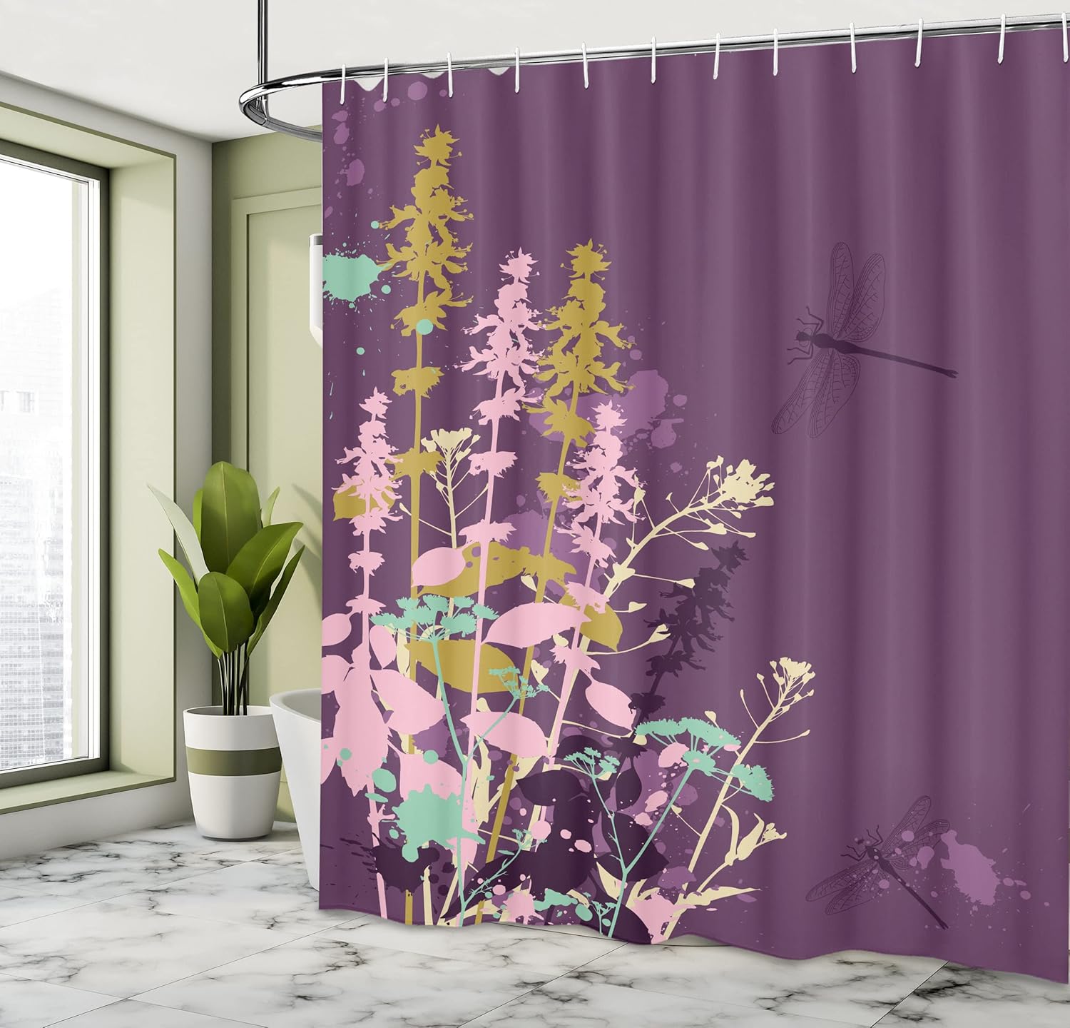 Ambesonne Dragonfly Shower Curtain, Nature Plants Grass with Wildflowers with Paintbrush Effects Print Artwork, Cloth Fabric Bathroom Decor Set with Hooks, 69" W x 75" L, Eggplant Cream