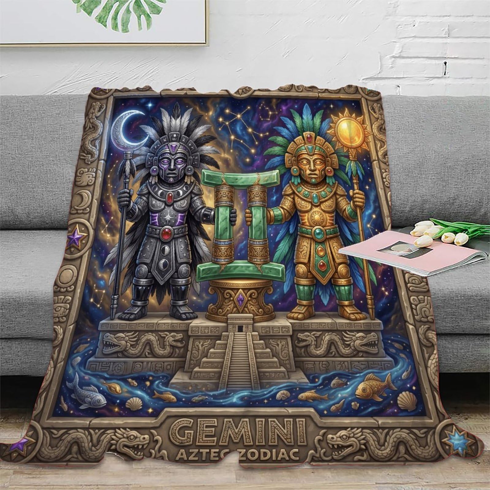 H3B8U2Y5 Gemini Zodiac Aztec Art for Flannel Throw Blanket, Bedroom Nap Use
