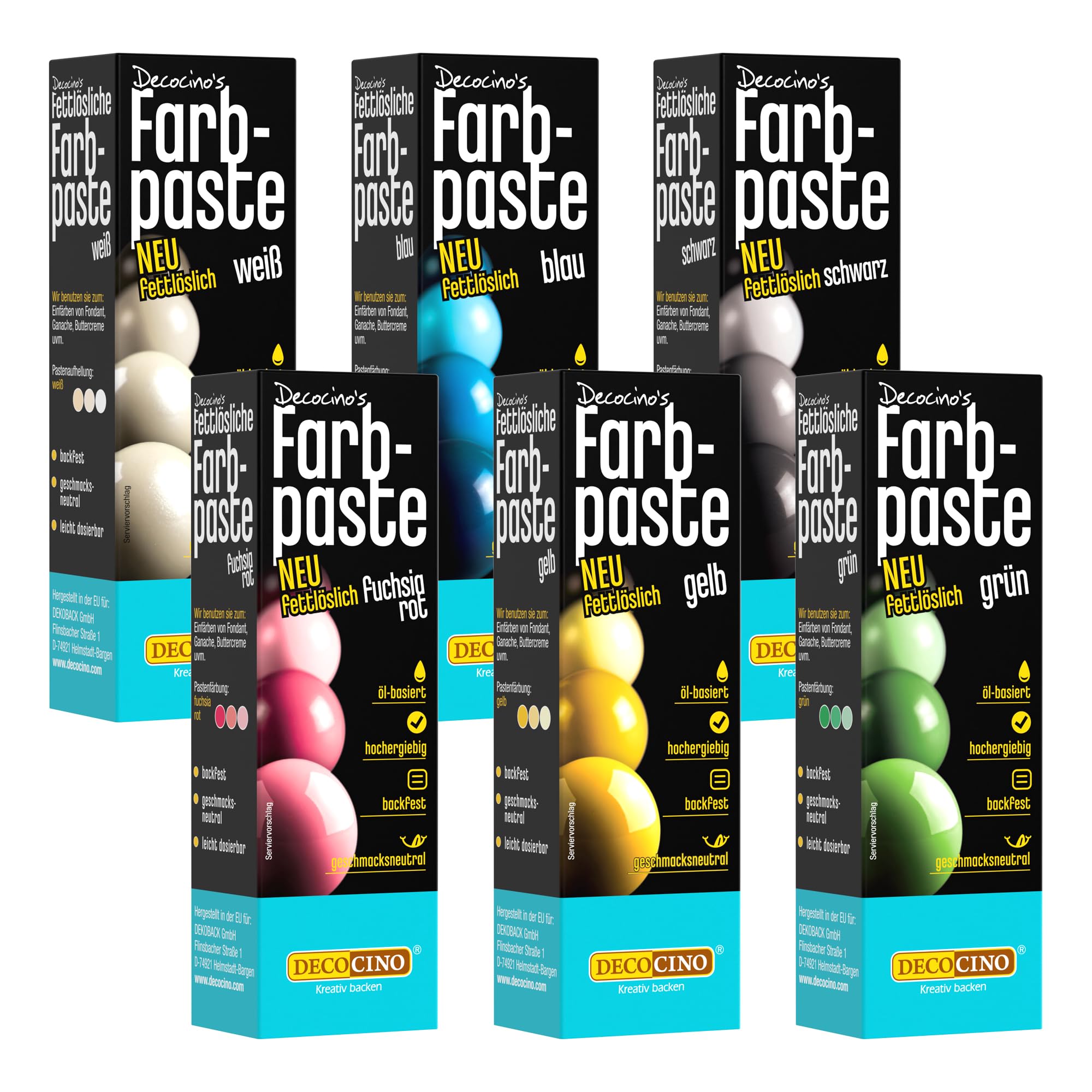 Decocino fettlösliche Farbpaste-Set 6er-Set – 6 x 15 g – Lebensmittelfarben in Rot, Weiß, Grün, Gelb, Blau und Schwarz, ideal zum Einfärben von Kuchen, Fondant und Cremes – AZO-Frei und Glutenfrei