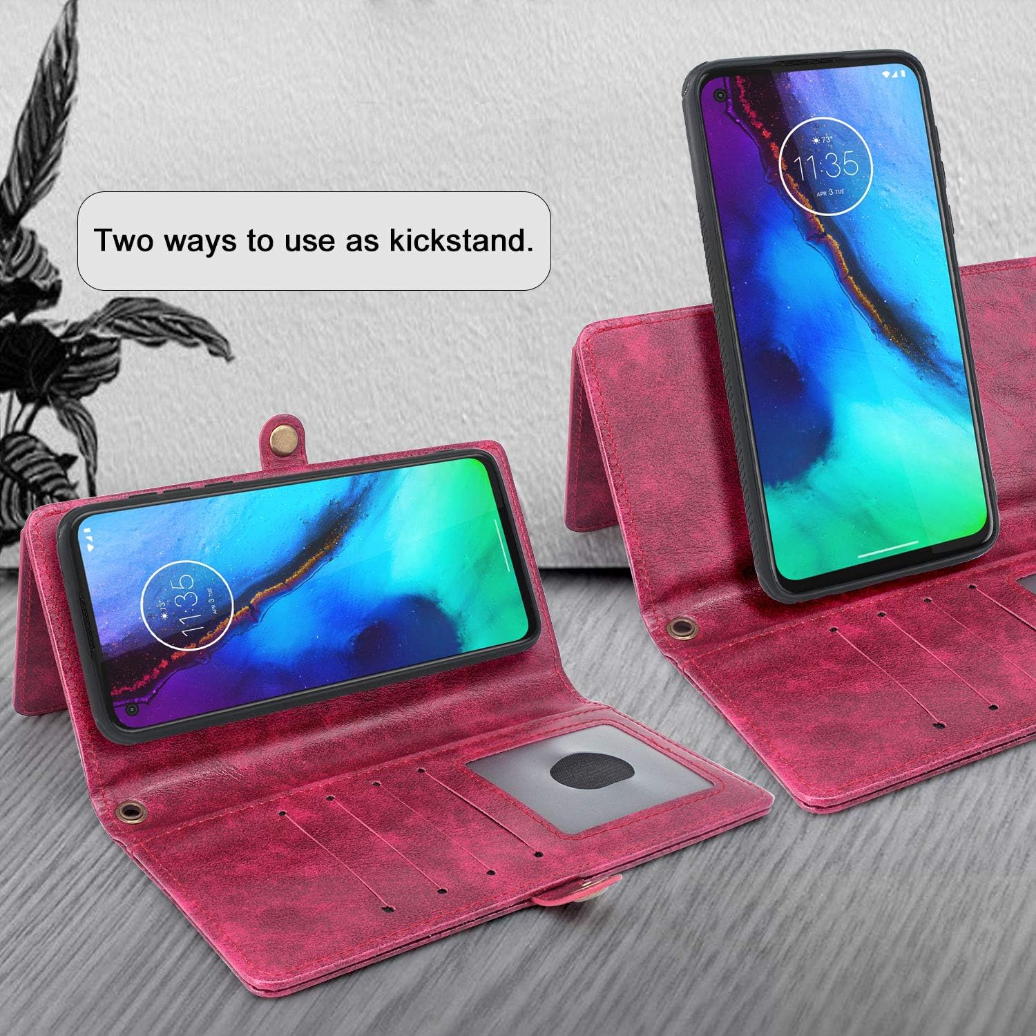 Harryshell Detachable Magnetic 12 Card Slots Wallet Case Shockproof PU Leather Flip Protective Cover Wrist Strap for Motorola Moto G Stylus 2020 / Moto G Pro (Flower Wine Red)