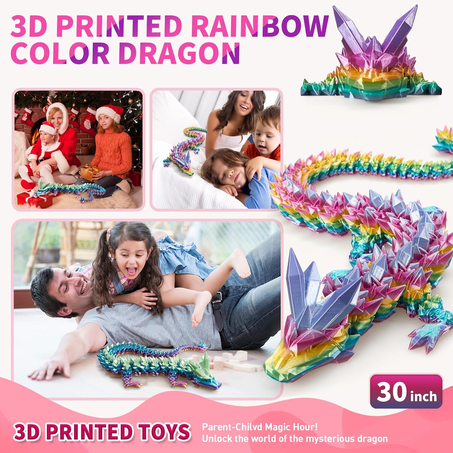 meturebear Large 3D Printed Dragon,30 Inch Big Dragon 3D Printed Toys, Huge Giant Crystal Articulated 3D Dragon,Big 3-D Print Animals for Kid Gift Home Office Desk Figurine Decor