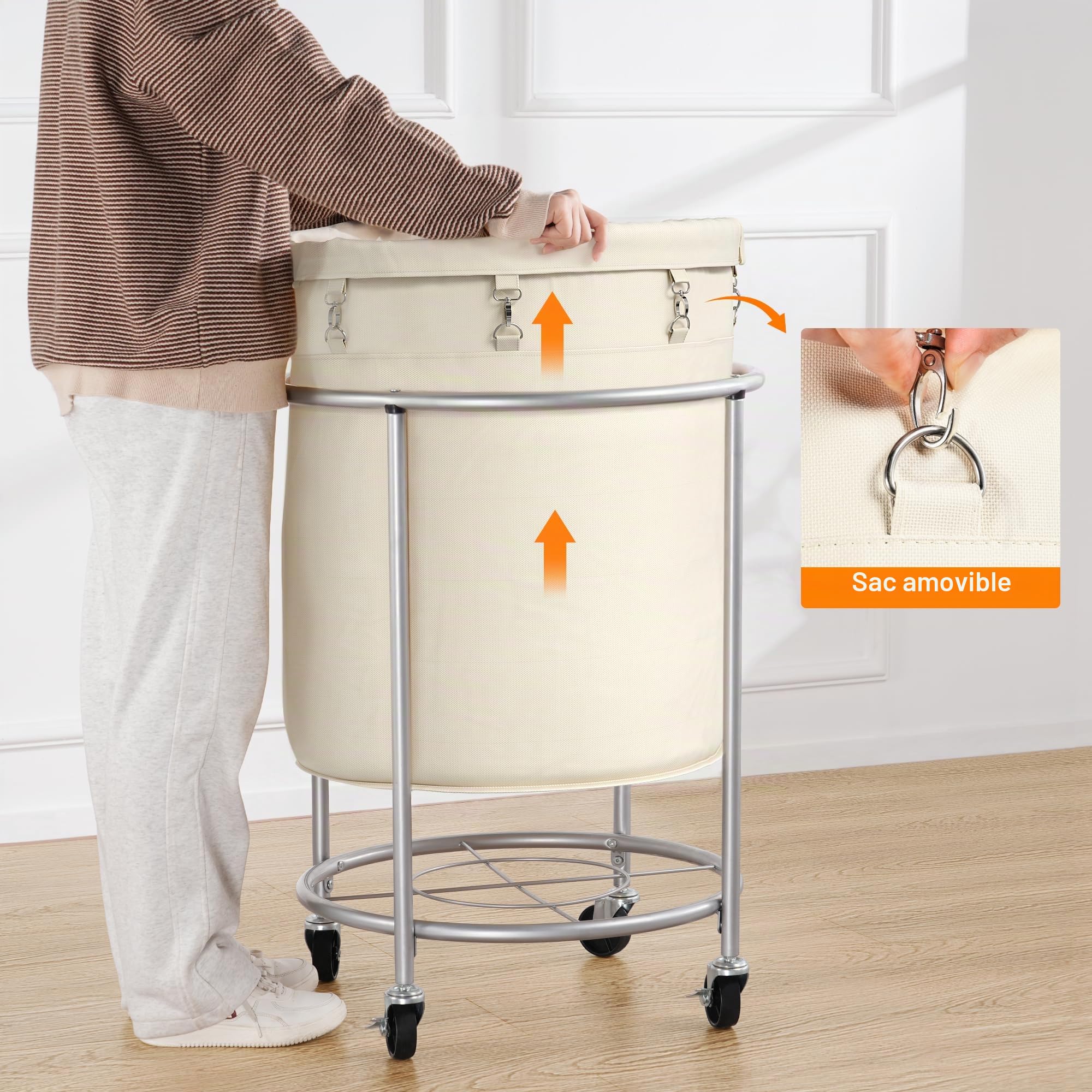 ELYKEN Panier à Linge avec Roulettes, Panier à Linge à Roulettes de 170 L, Chariot à Linge Rond avec Cadre en Acier et sac Amovible 4 Roulettes et 2 Freins, Sale pour Hôtel Maison, Crème