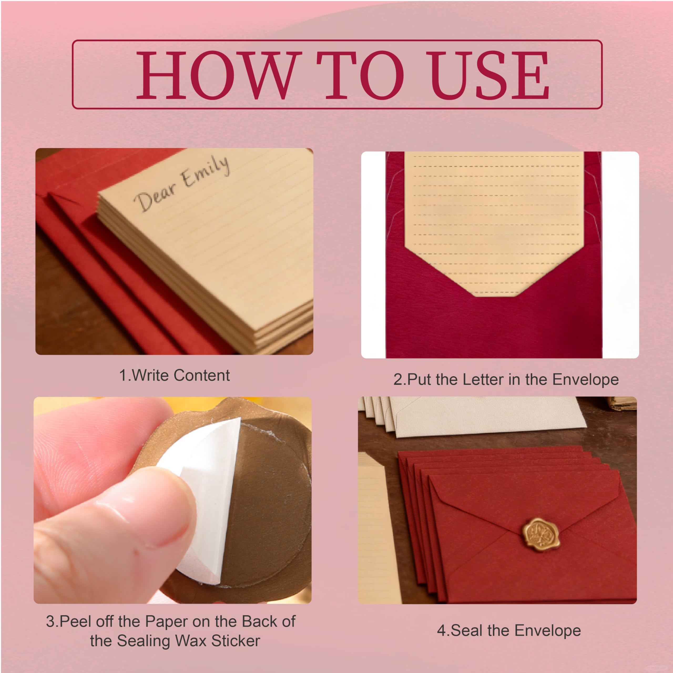 Ensemble Papier à Lettre Vintage, 5 Enveloppes Beiges, 5 Rouges, 30 Feuilles, 10 Autocollants Cire