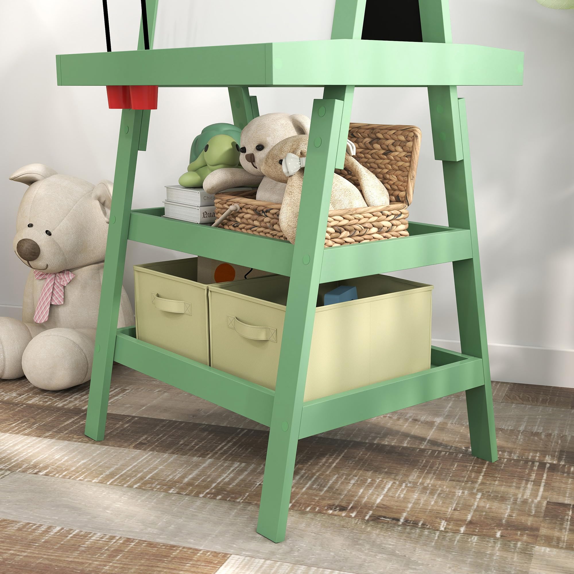AIYAPLAY Lavagna cavalletto per bambini 3 in 1 lavagna double face bambino con pannello bianco e nero magnetico - rotolo di carta + 2 cestini portaoggetti integrati - 3-6 anni in legno verde